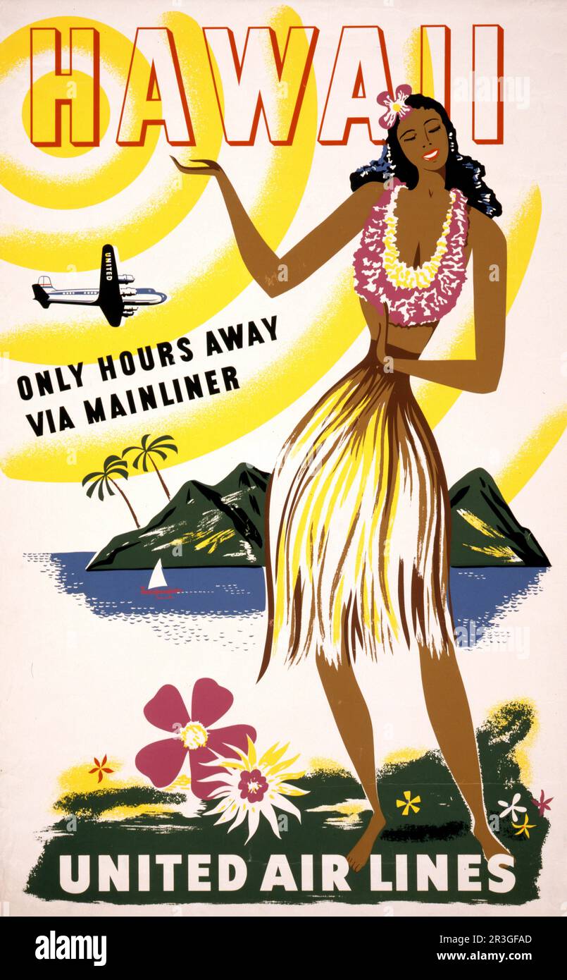 Affiche de voyage vintage pour United Air Lines montrant une femme hawaïenne dansant avec l'avion au-dessus de l'île, vers 1950. Banque D'Images