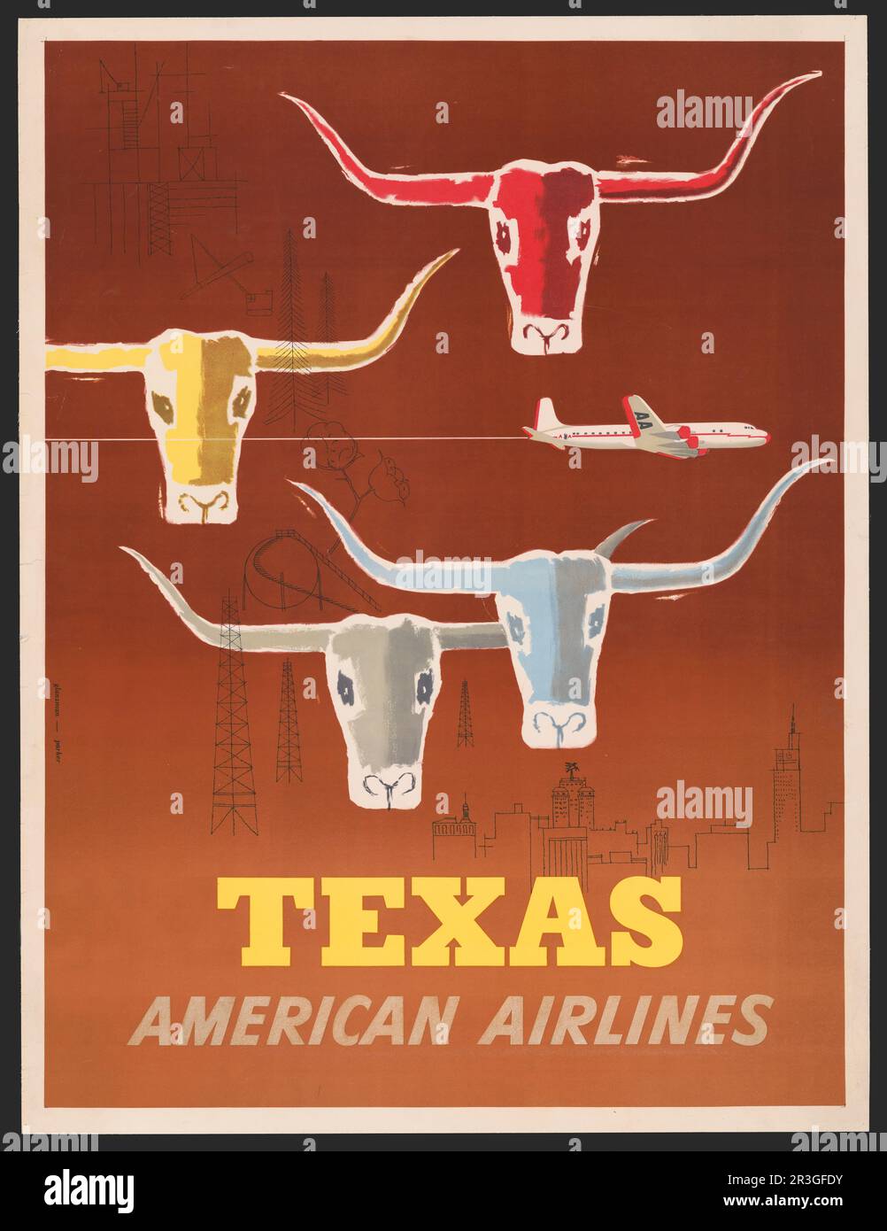 Affiche de voyage vintage pour American Airlines au Texas, vers 1953. Banque D'Images