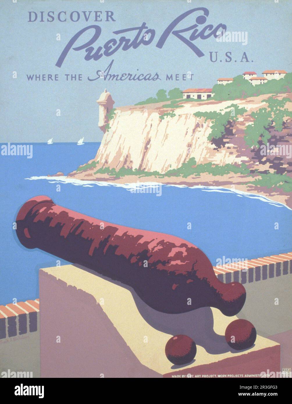 Affiche de voyage vintage faisant la promotion de Porto Rico pour le tourisme, montrant la vue sur le port depuis le château de Morro. Banque D'Images
