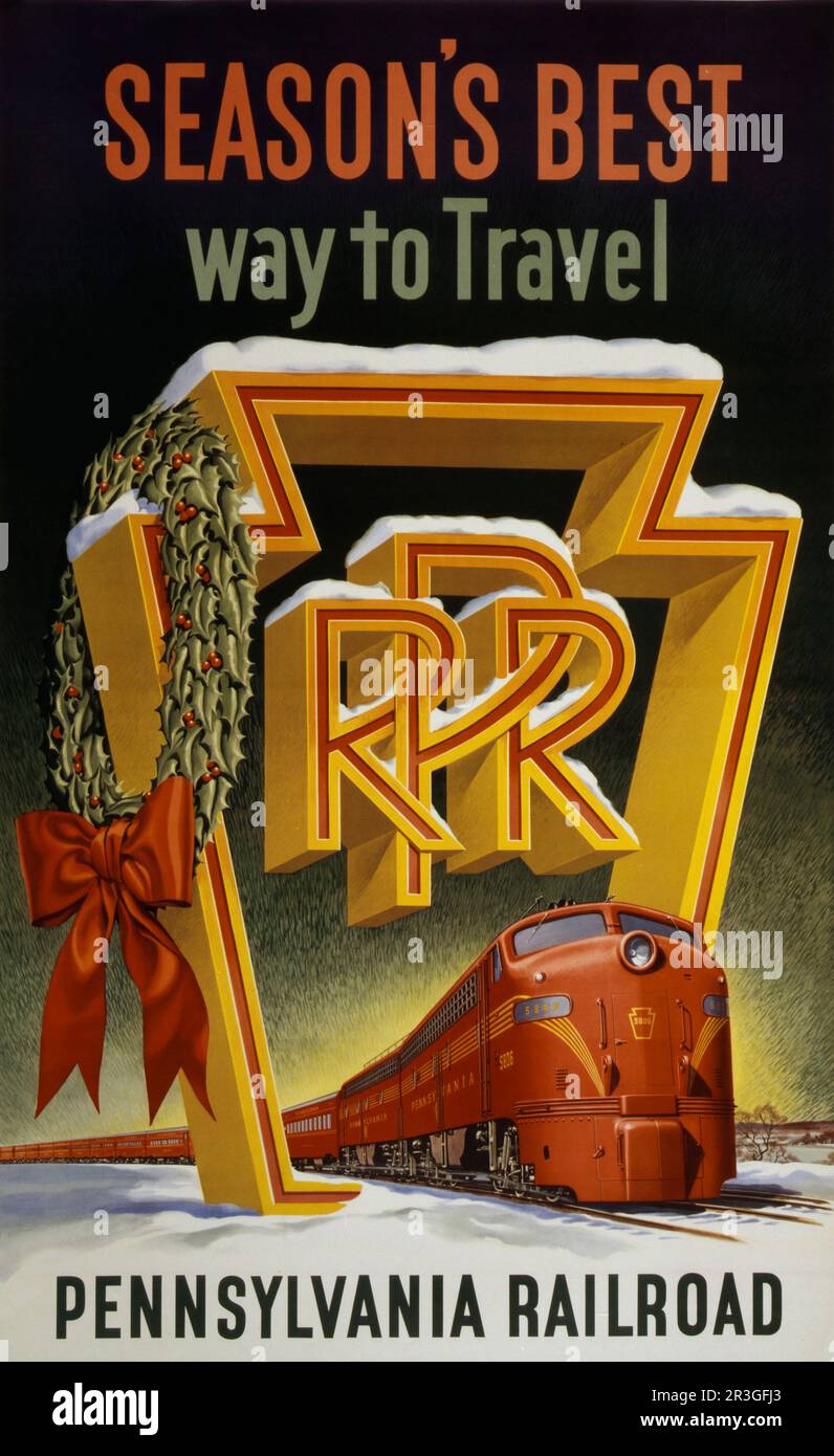 Affiche de voyage vintage montrant un train rouge traversant le logo de la pierre angulaire du chemin de fer de Pennsylvanie, vers 1955. Banque D'Images