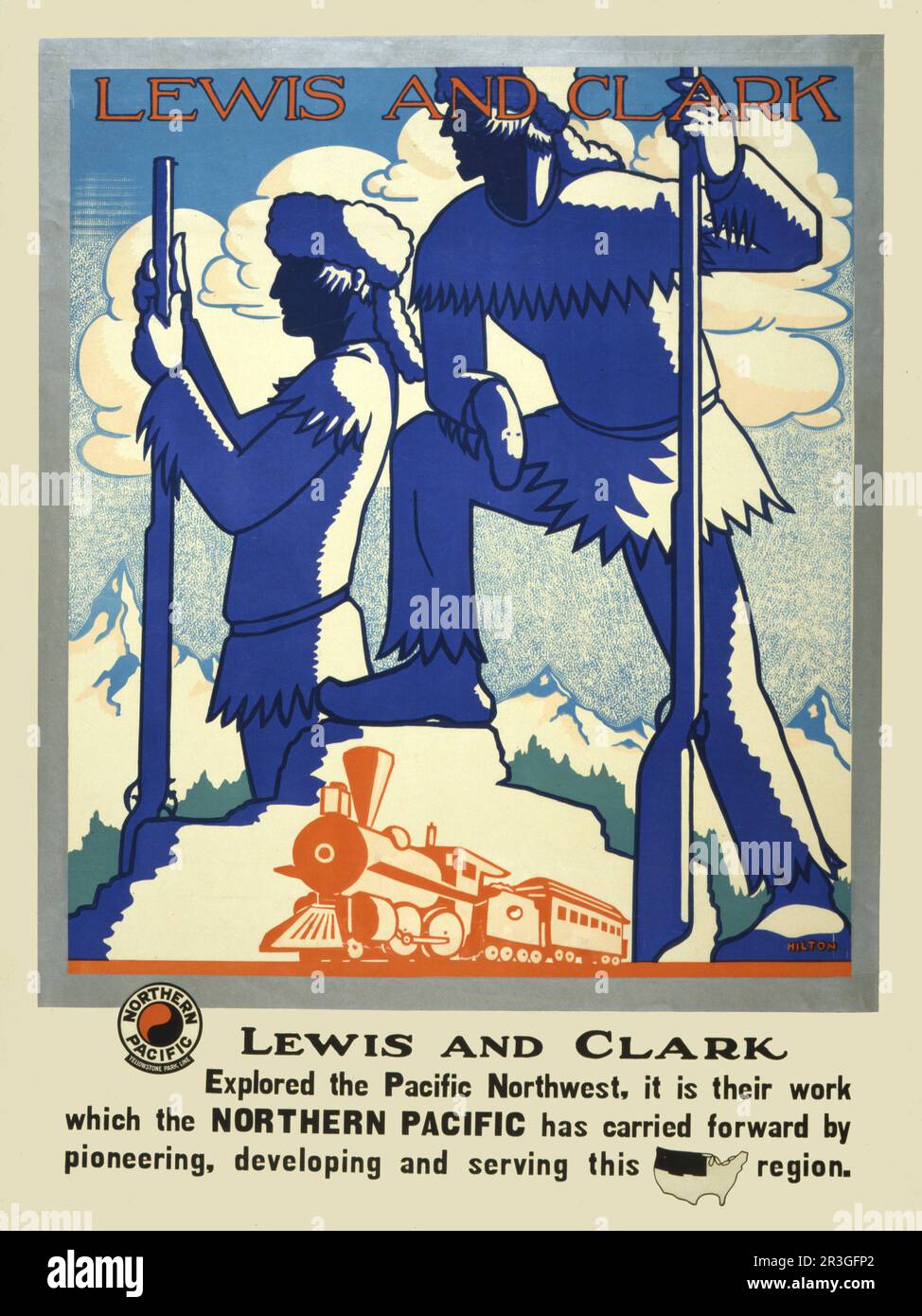 Affiche de voyage vintage montrant des silhouettes de Lewis et Clark avec train à vapeur en premier plan, vers 1920. Banque D'Images