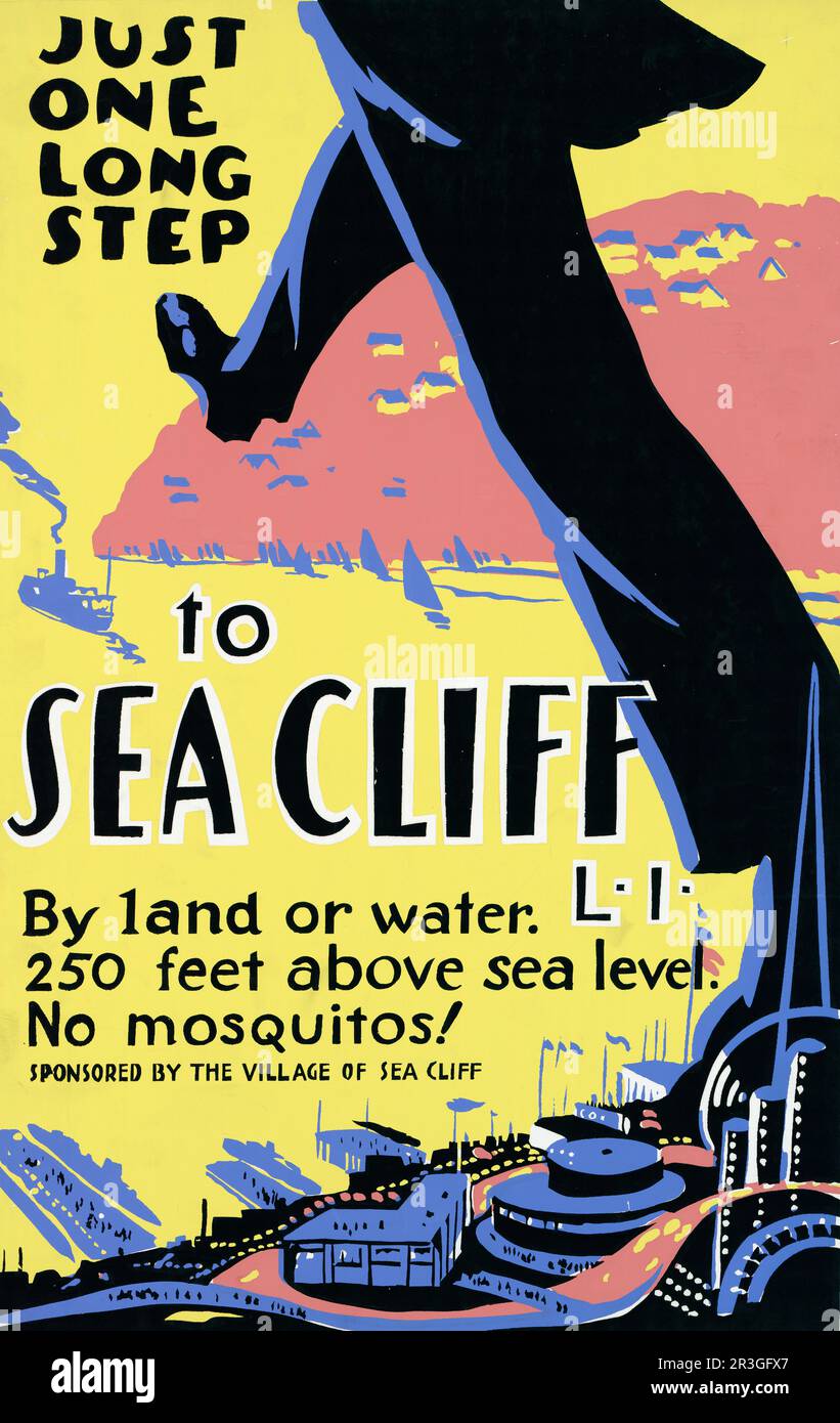 Affiche de voyage vintage faisant la promotion de Sea Cliff, long Island pour le tourisme. Banque D'Images