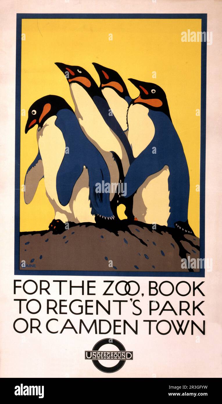 Affiche publicitaire vintage pour le transport en métro vers le zoo de Londres en utilisant le métro, vers 1920. Banque D'Images
