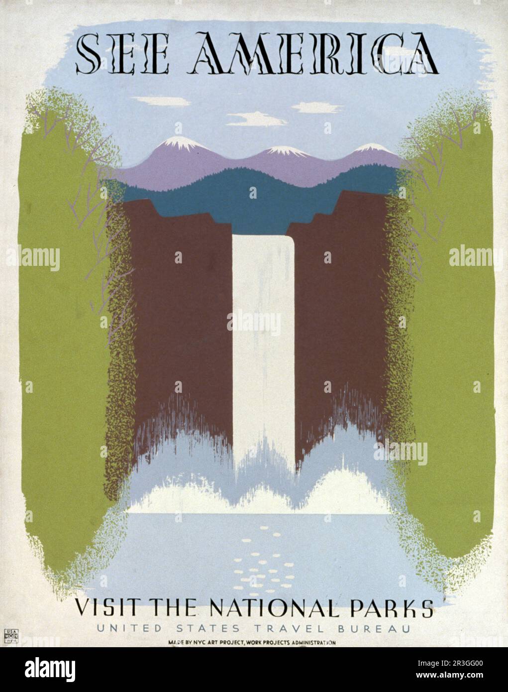 Affiche vintage 1936 pour le bureau de voyages des États-Unis qui fait la promotion des voyages dans les parcs nationaux. Banque D'Images