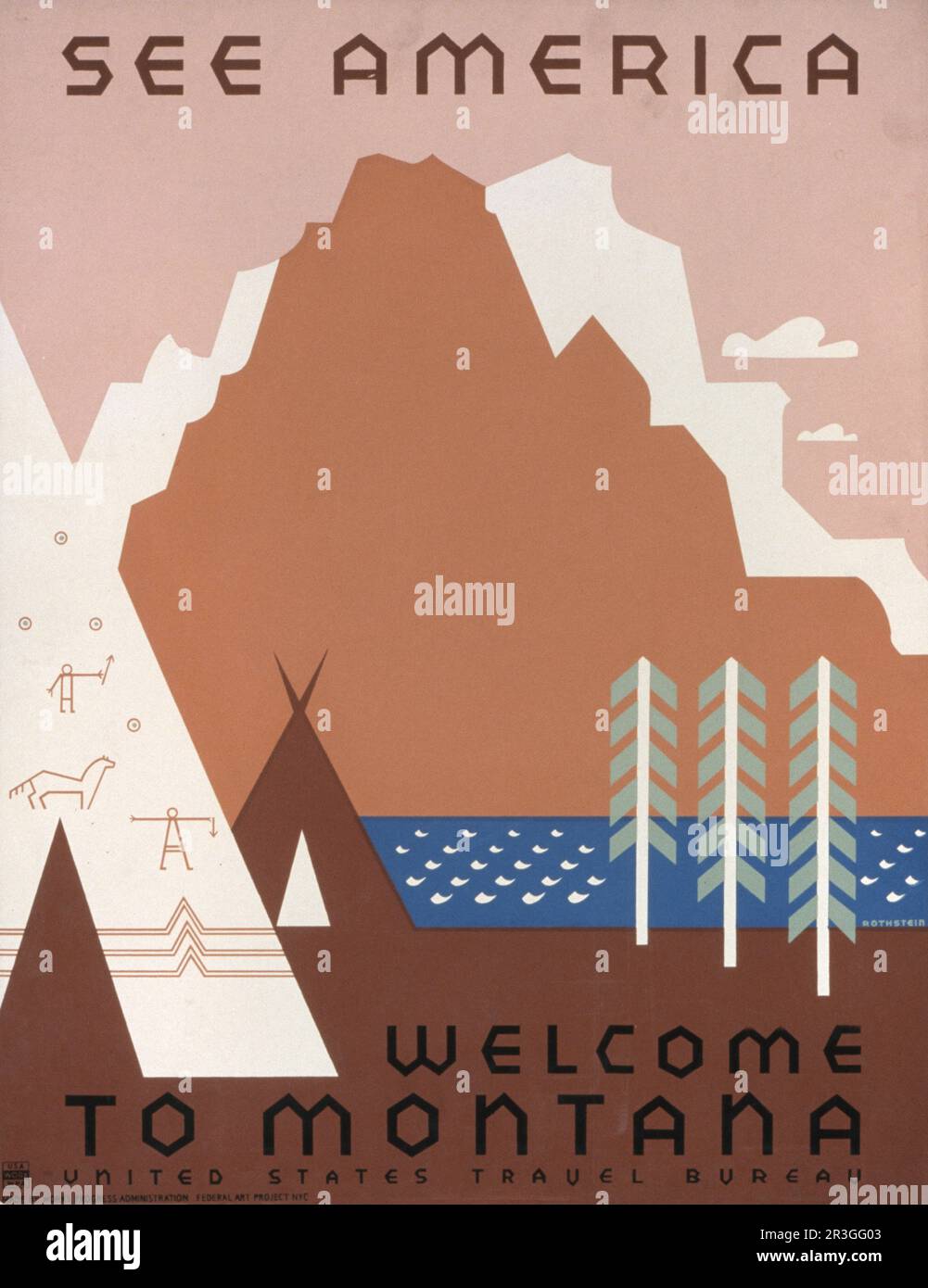 Affiche vintage 1936 pour le bureau de voyages des États-Unis pour promouvoir les voyages au Montana. Banque D'Images