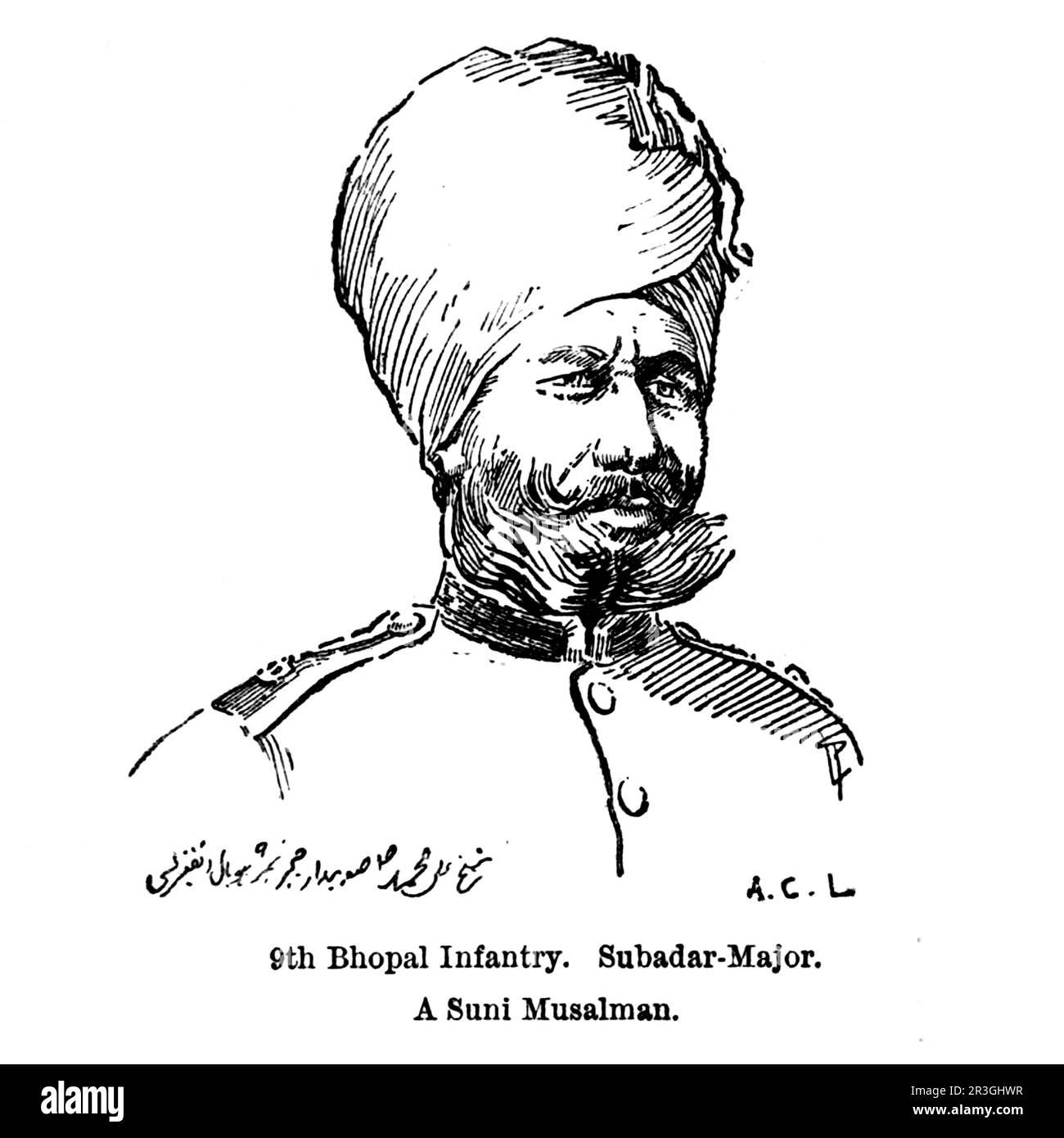 9th infanterie de Bhopal. Subadar-majeur. A Simi Musalman Sketch by Major Alfred Crowdy Lovett, (1862-1919) tiré du livre « The Armies of India » by Major George Fletcher MacMunn, (1869-1952) Date de publication 1911 Editeur Londres, Adam et Charles Black Banque D'Images