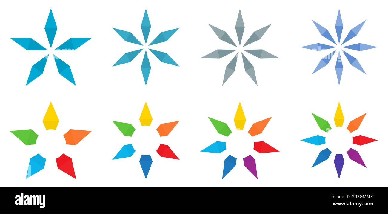Les formes en forme d'étoile ou de flocon de neige, version de cinq à huit rayons, peuvent être utilisées comme icône d'élément infographique Illustration de Vecteur