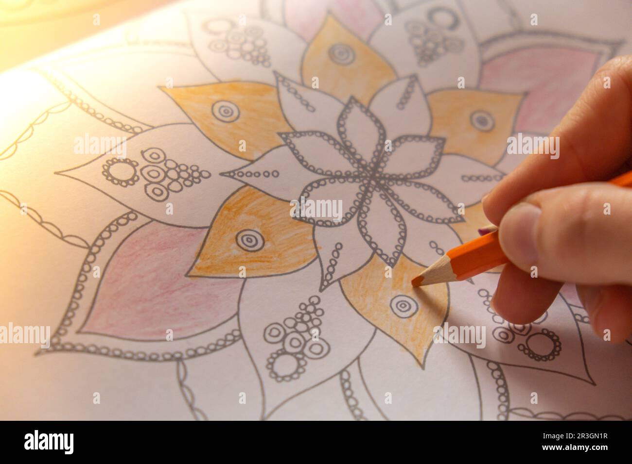 Femme peinture mandalas antistress page pour combattre le stress. Détente passe-temps bien-être mental et art thérapie. Femme peint croquis, Banque D'Images