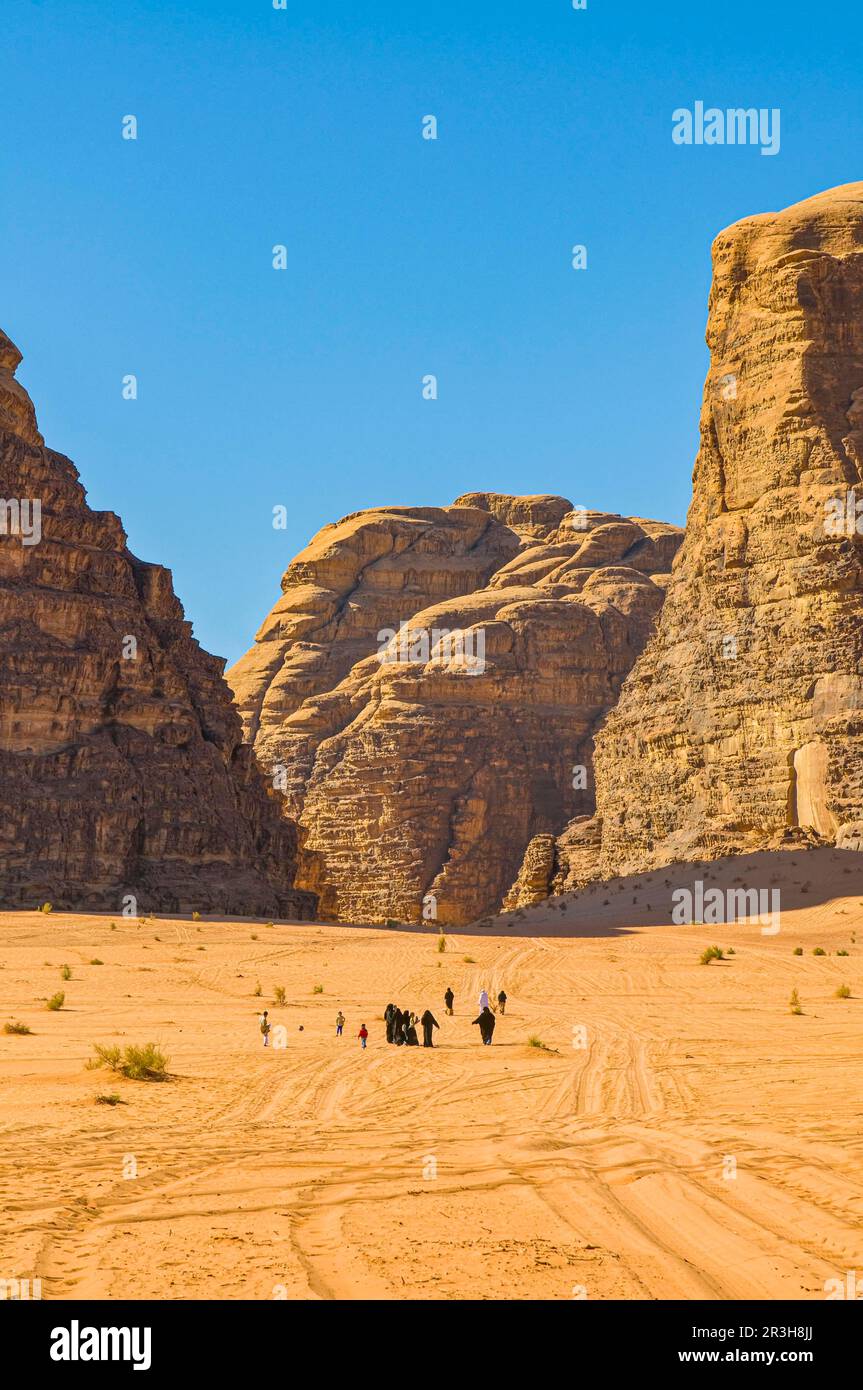 Bédouins avec chameaux dans le désert, Wadi Rum, Jordanie Banque D'Images