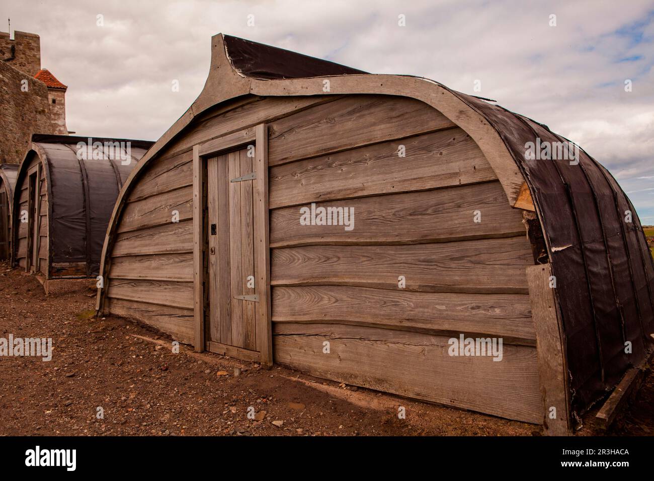 Maisons, Lindisfarne, Hol, Northumberland, Angleterre, Royaume-Uni, Islande Banque D'Images