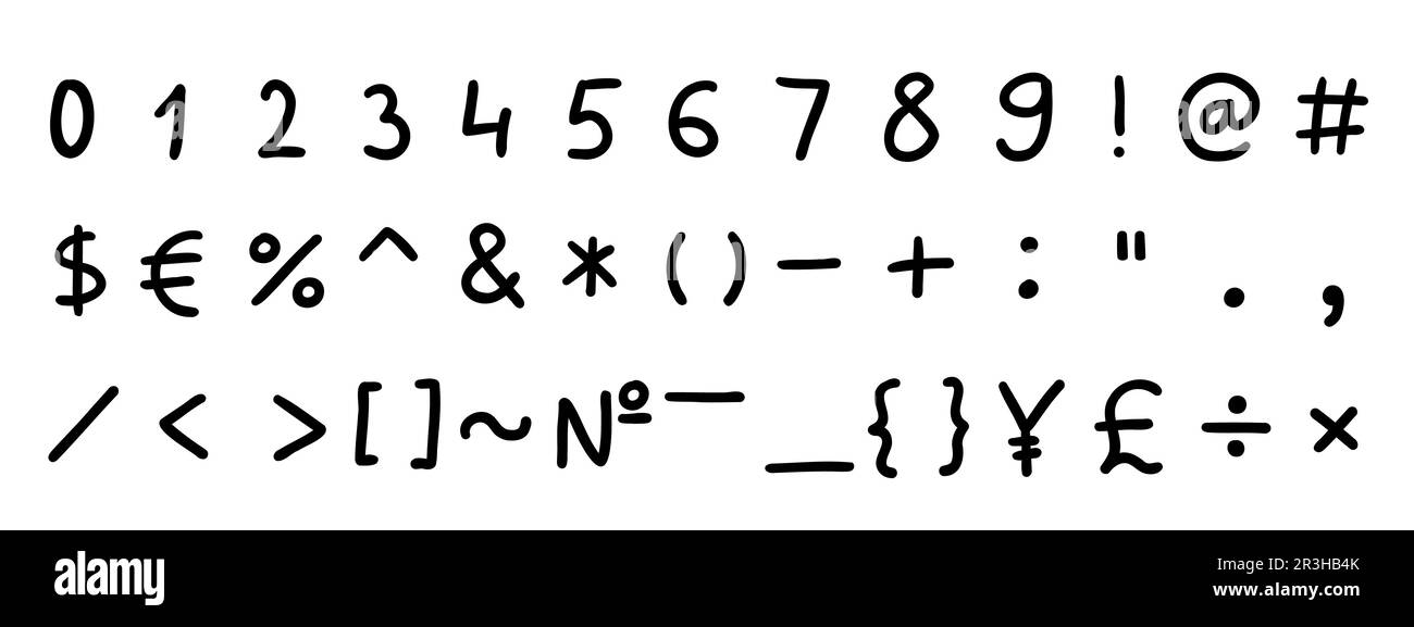 Police de caractères mathématiques et autres symboles et signes spéciaux noirs griffés 0 à 9. Illustration vectorielle en style Doodle dessiné à la main isolée sur fond blanc Illustration de Vecteur
