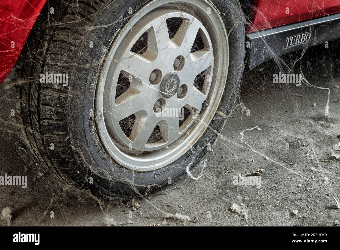 le pneu de 80 â€™s parmi les toiles d'araignée Banque D'Images