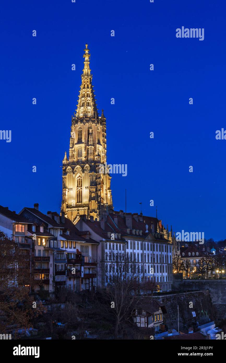 Berne, Suisse - 26 décembre. 2020: La Minster dans la vieille ville de Berne pendant les heures bleues, Suisse. Banque D'Images