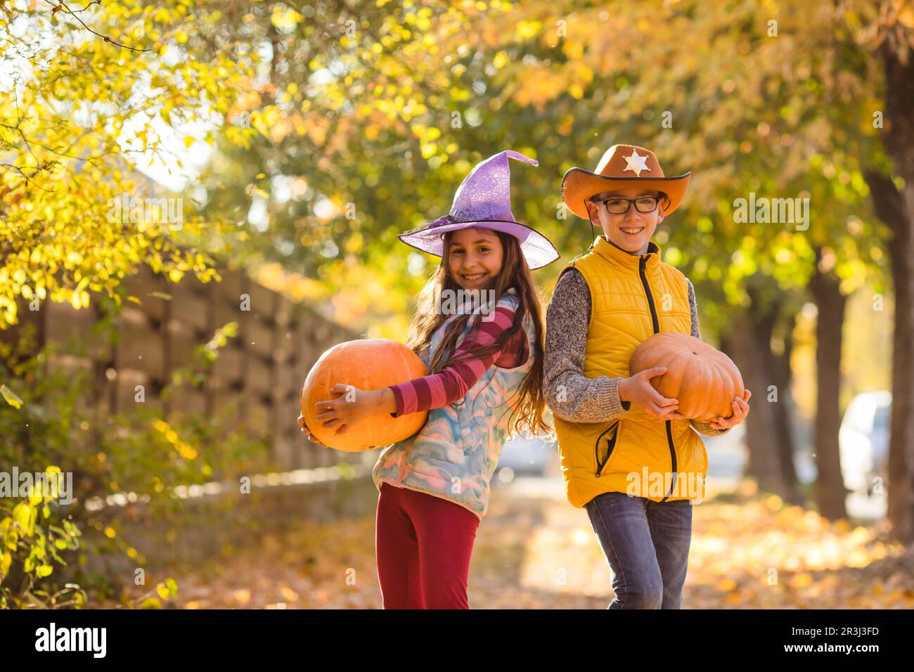 Enfants cueillant et sculptant des citrouilles dans une ferme de campagne Banque D'Images