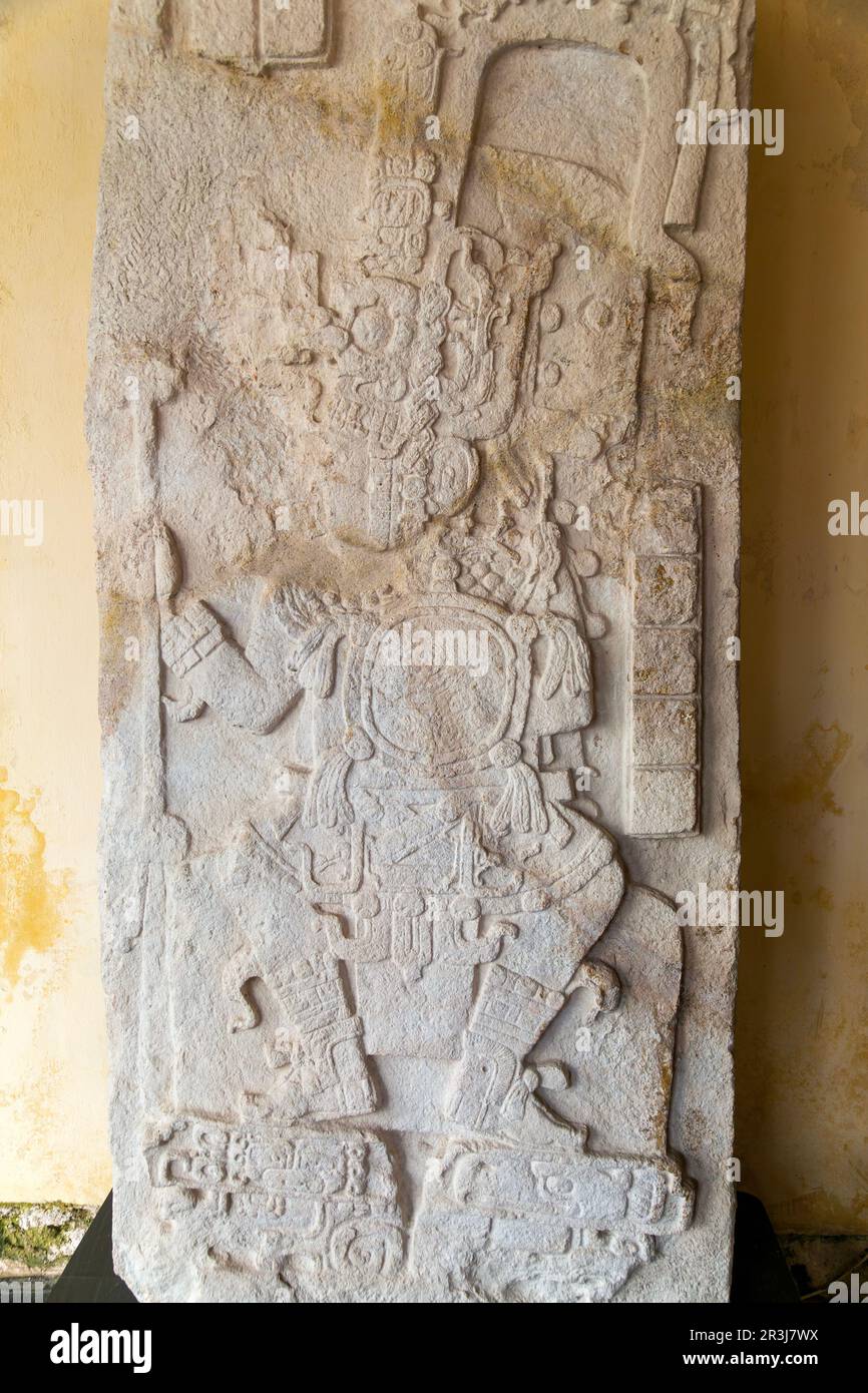 Stela d'un dirigeant habillé comme guerrier, musée d'archéologie maya, ville de Campeche, Mexique Banque D'Images