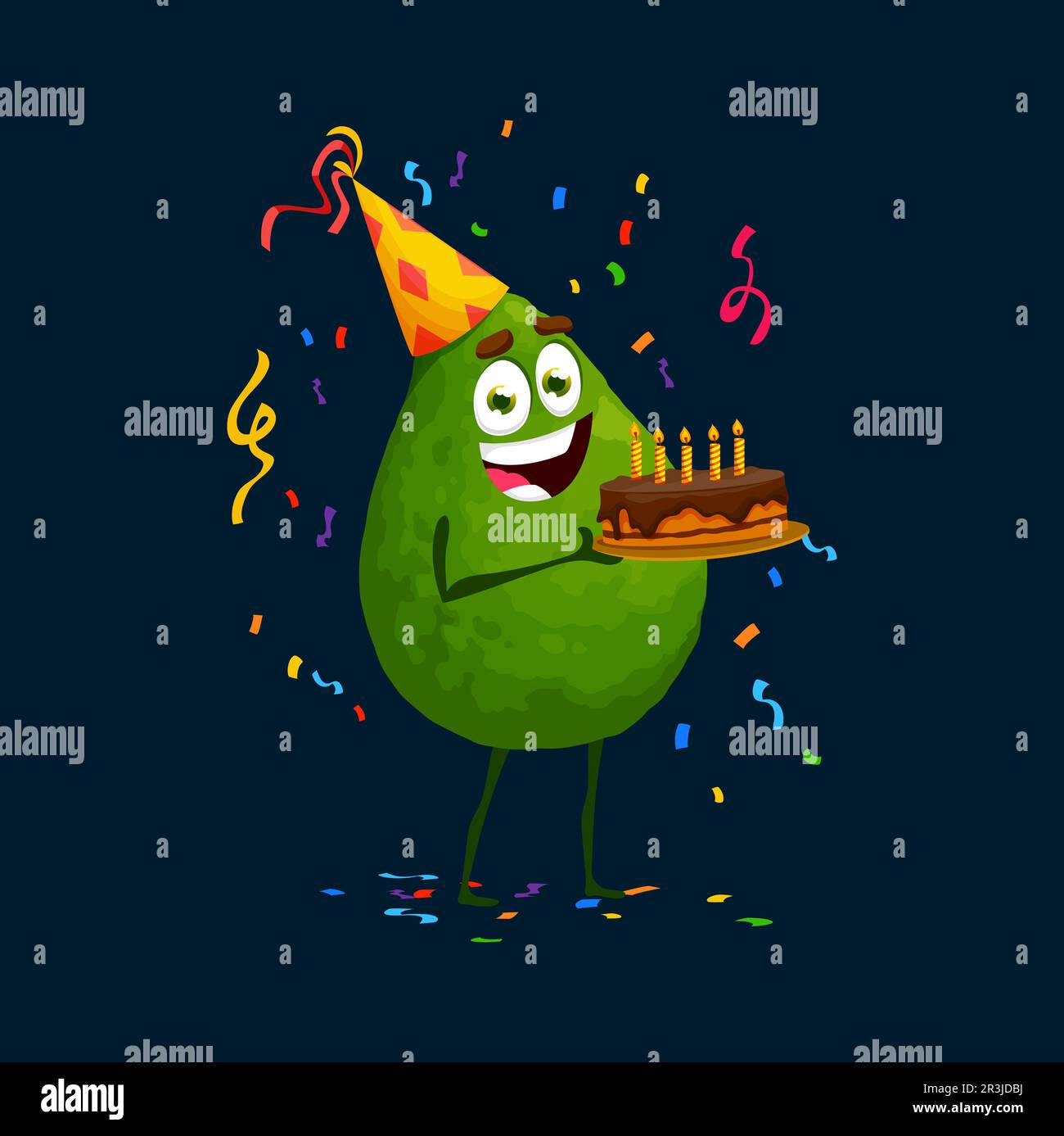 Personnage de dessin animé avocat sur la fête de vacances avec gâteau d'anniversaire, fond vectoriel. Joyeux mignon drôle avocat dans chapeau de chapeau d'anniversaire et confetti pour les fêtes de fête avec visage de sourire et gâteau de chocolat Illustration de Vecteur