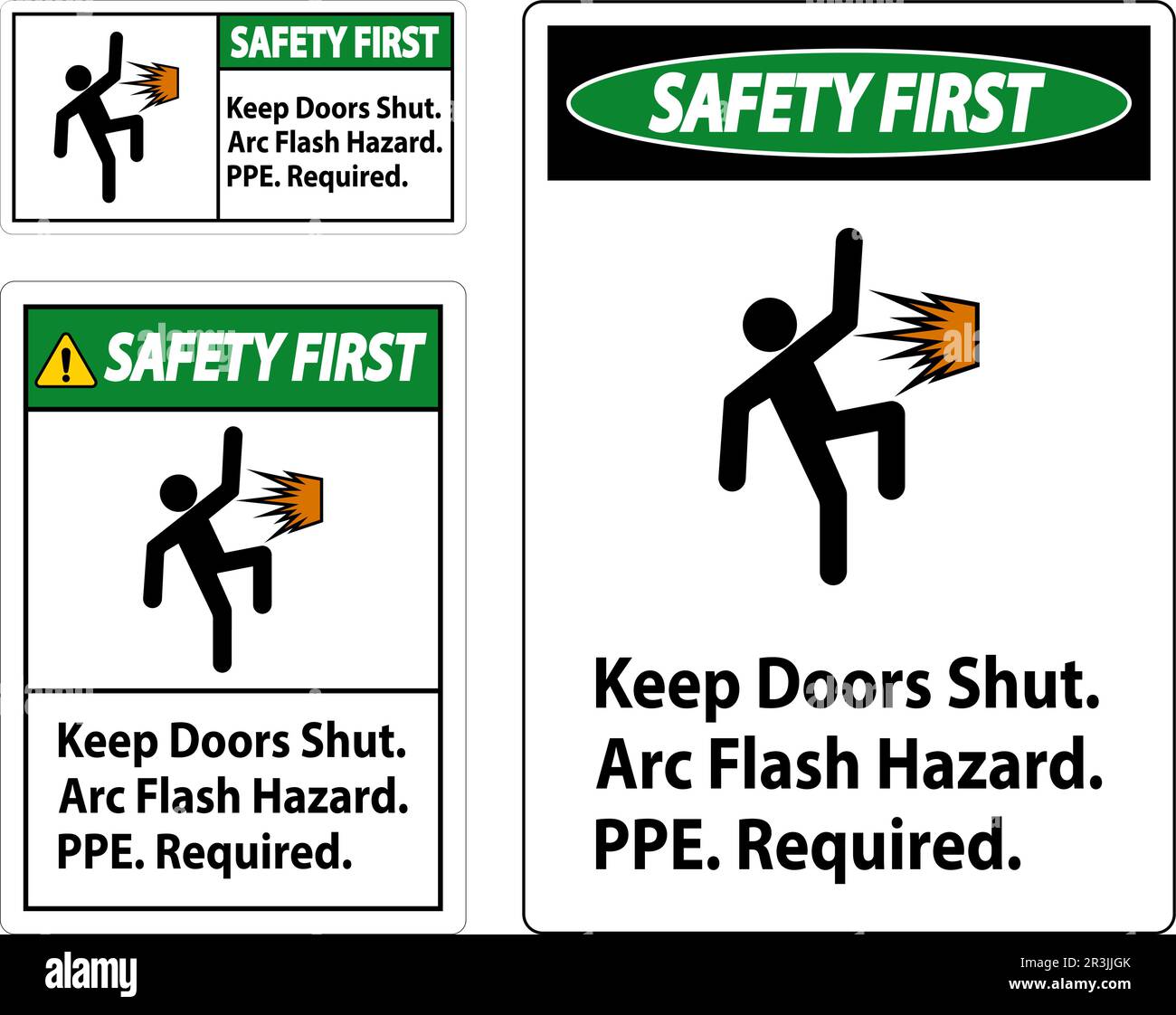 Panneau de sécurité d'abord garder les portes fermées risque d'arc électrique EPI requis Illustration de Vecteur
