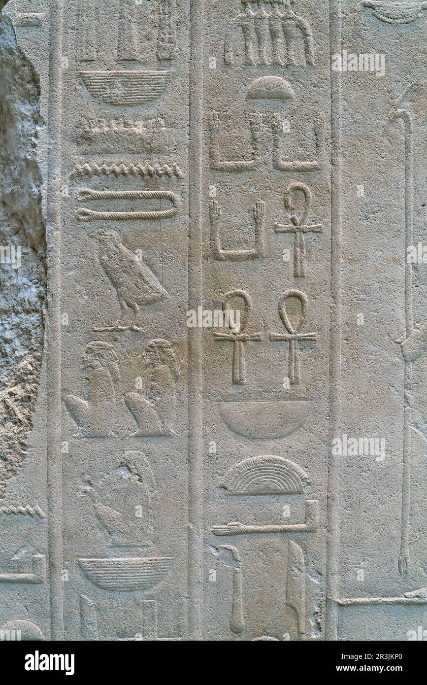 Texte ancien sous forme de hiéroglyphes égyptiens sur un mur de calcaire Banque D'Images