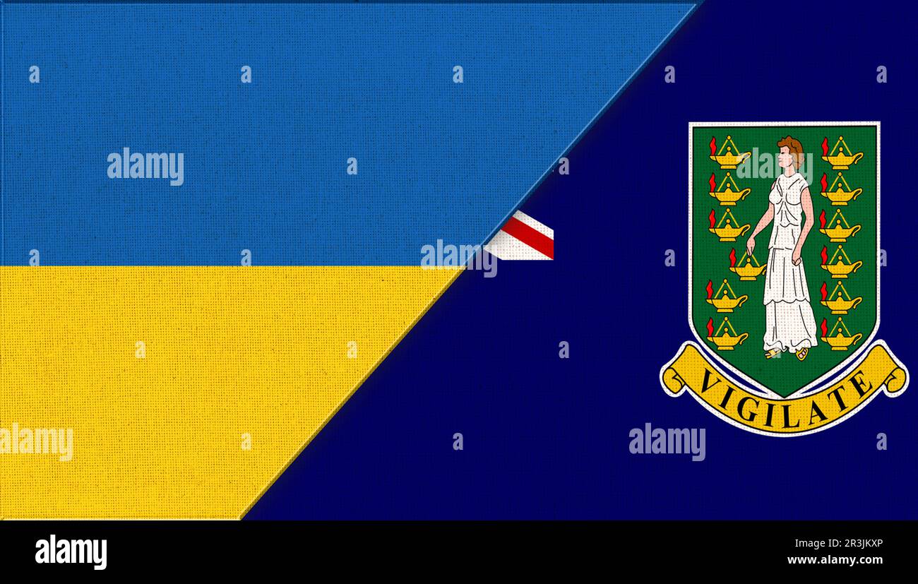 Drapeaux de l'Ukraine et des îles Vierges britanniques. Drapeaux ukrainiens et brésiliens sur la surface du tissu. Nation Banque D'Images