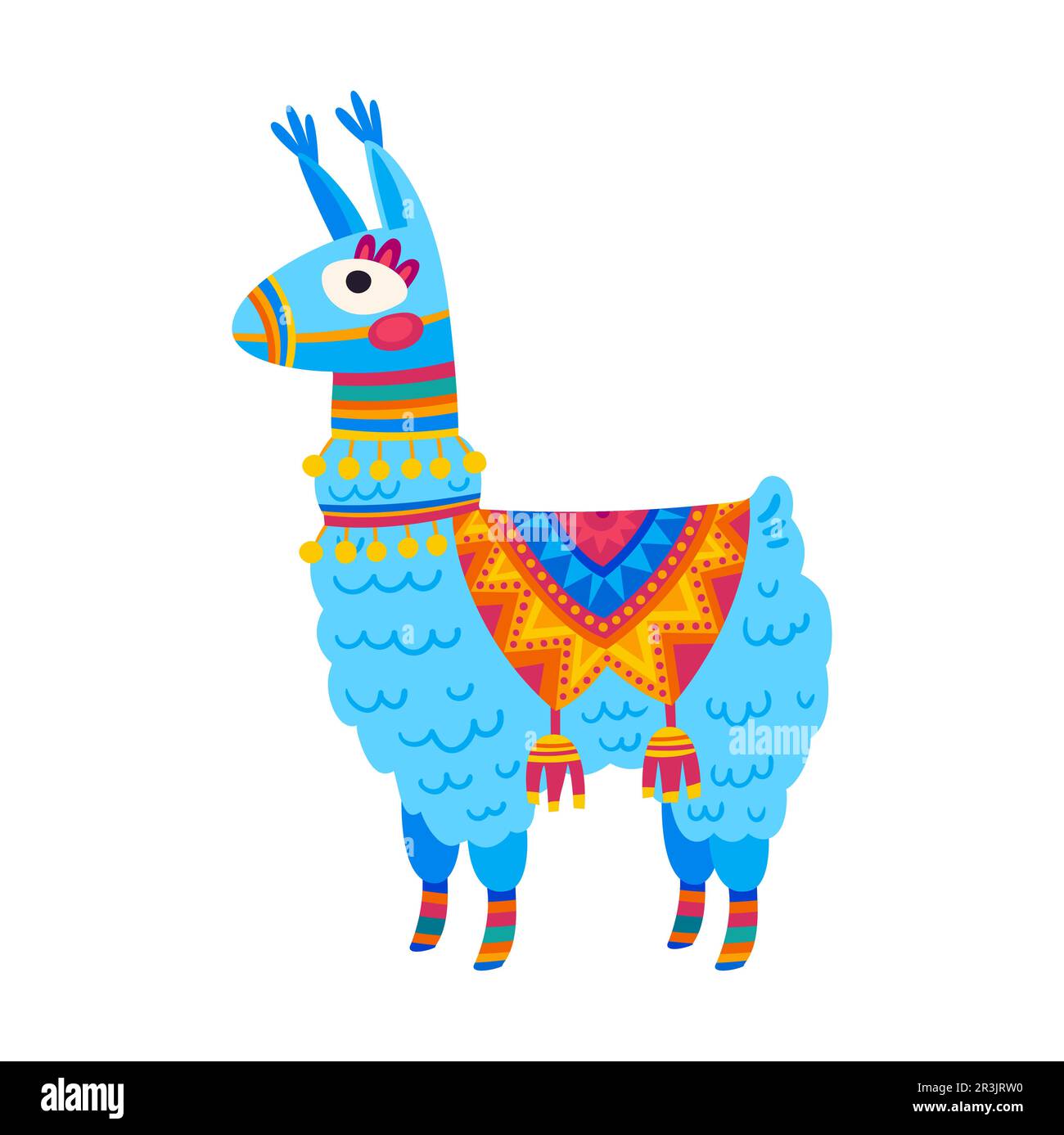 Adorable alpaga lama avec tapis mexicain, guanaco à capuche. Vecteur bleu alpaga ou lama, personnage de dessin animé de guanaco lama sauvage, mouflon de montagne Illustration de Vecteur