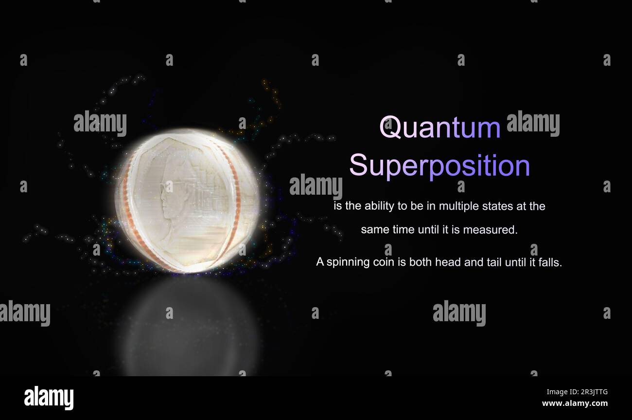 Concept de superposition quantique, possibilité d'être dans plusieurs États en même temps. La pièce de monnaie tourne à la fois la tête et la queue jusqu'à ce qu'elle tombe. Banque D'Images