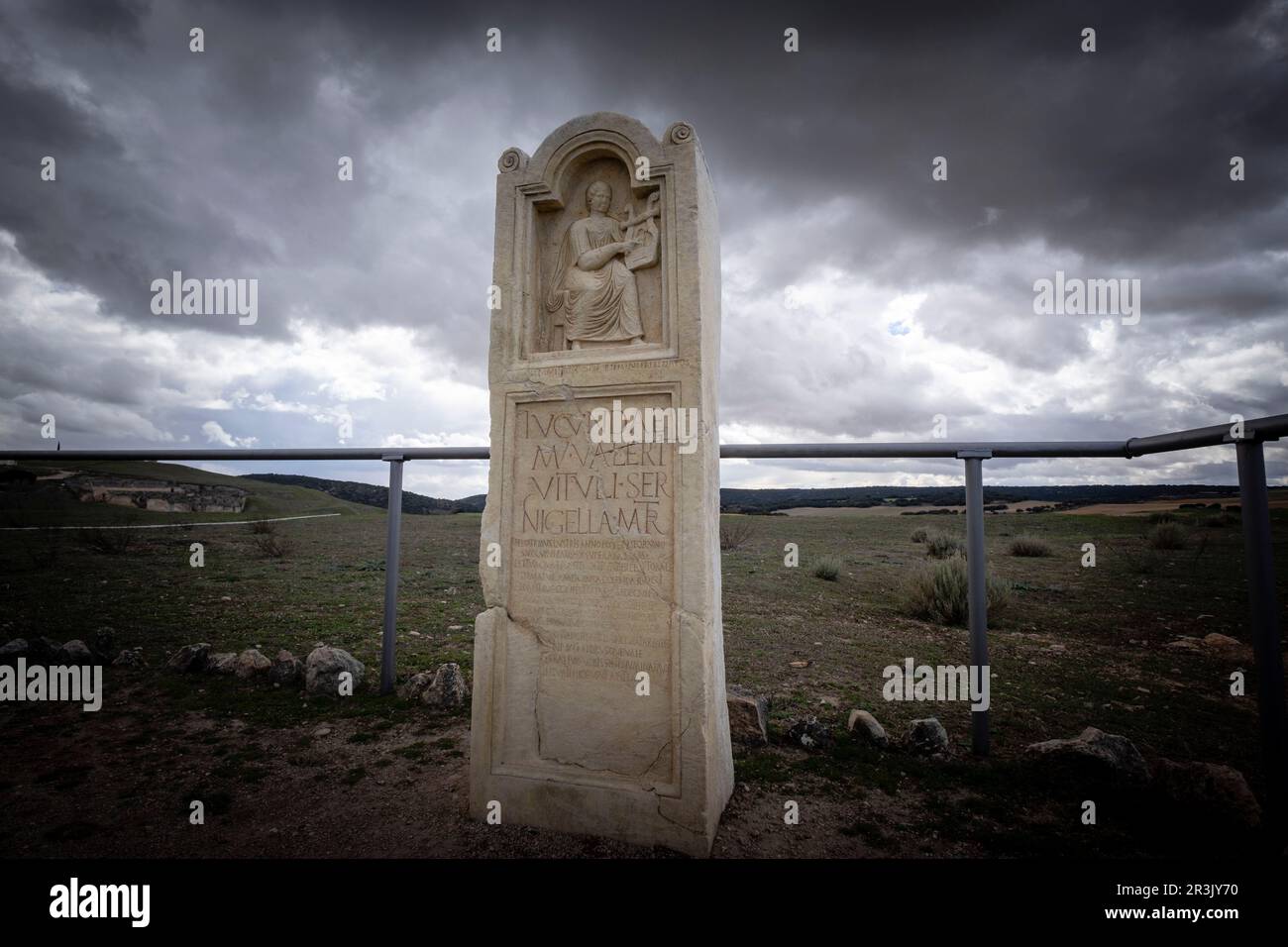 estela de Lucunda, parc archéologique de Segóbriga, Saelices, Cuenca, Castilla-la Mancha, Espagne. Banque D'Images