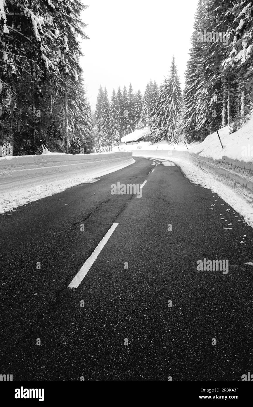 Route de montagne dans la terre de berchtesgadener dans la neige profonde en noir et blanc Banque D'Images