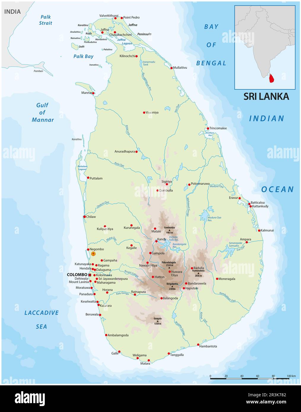 Carte vectorielle en couleur du pays du Sri Lanka avec des villes importantes Banque D'Images Carte vectorielle en couleur du pays du Sri Lanka avec des villes importantes Banque D'Images