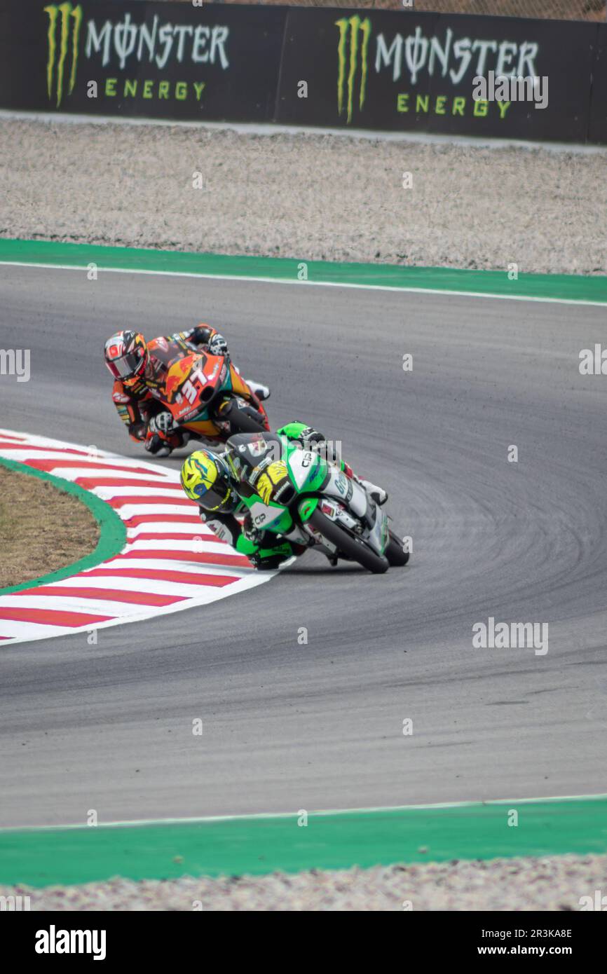 MONTMELLO, ESPAGNE-4 JUIN 2021: Daniel Holgado sur son #96 KTM RC250GP (CIP Green Power), Championnat du monde 2021 Moto3 Banque D'Images