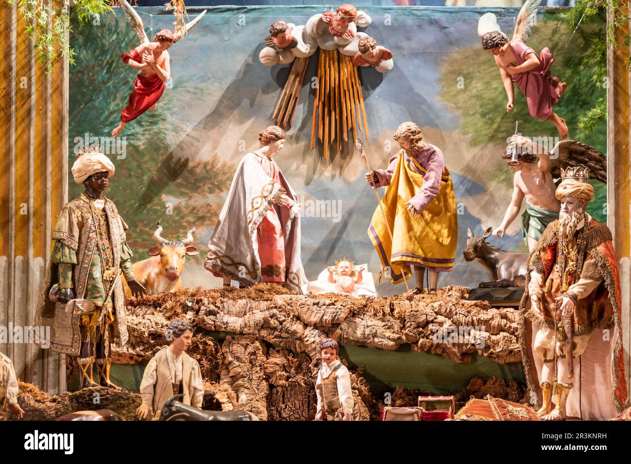 Berceau italien - nommé presepe - avec la nativité. Scène religieuse traditionnelle de Noël. Banque D'Images