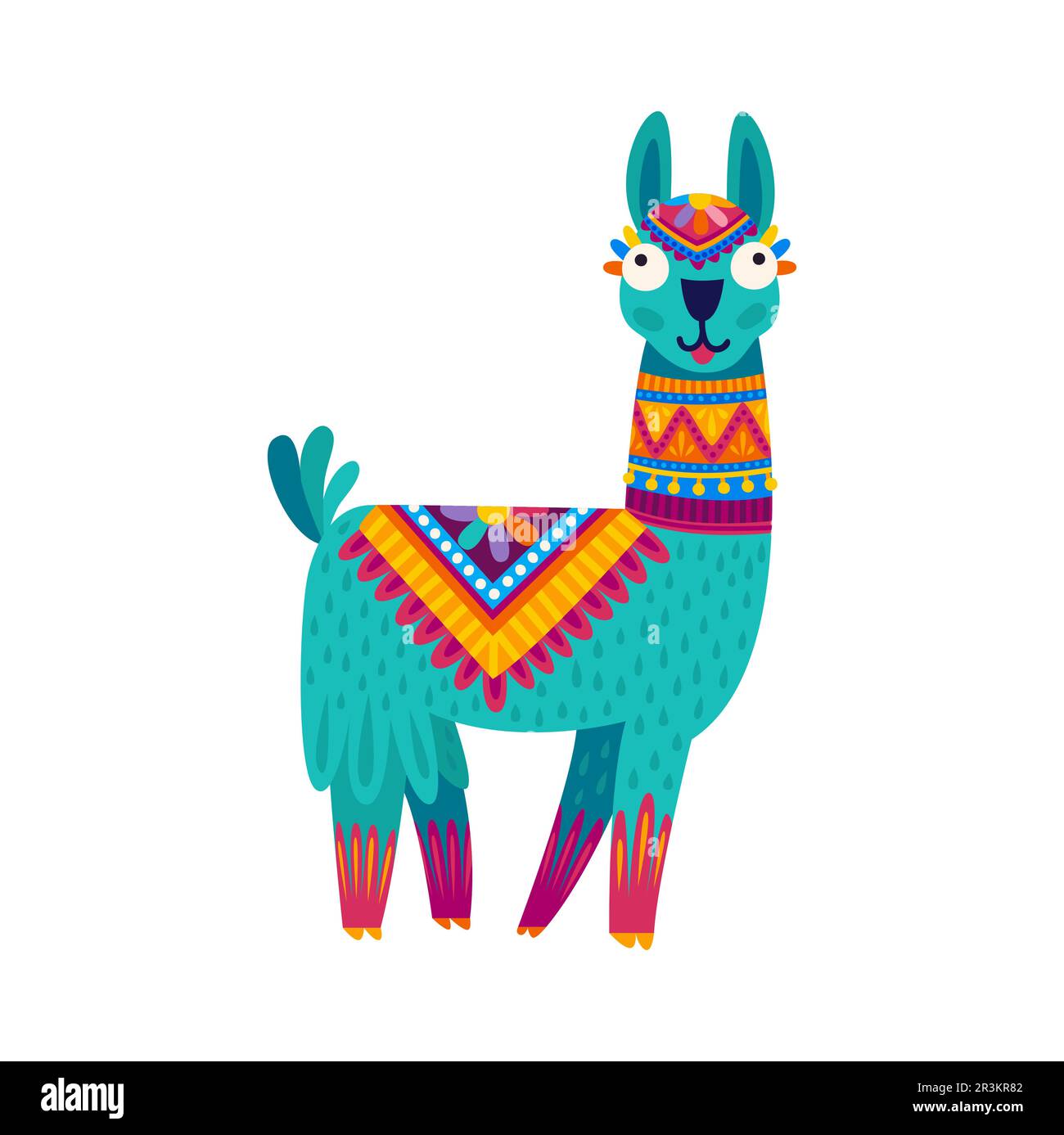Drôle de vert alpaga, lama personnage de dessin animé avec des accessoires de conception ethnique. Vecteur souriant lama avec de grands yeux, péruvien ou mexicain personnage animal Illustration de Vecteur