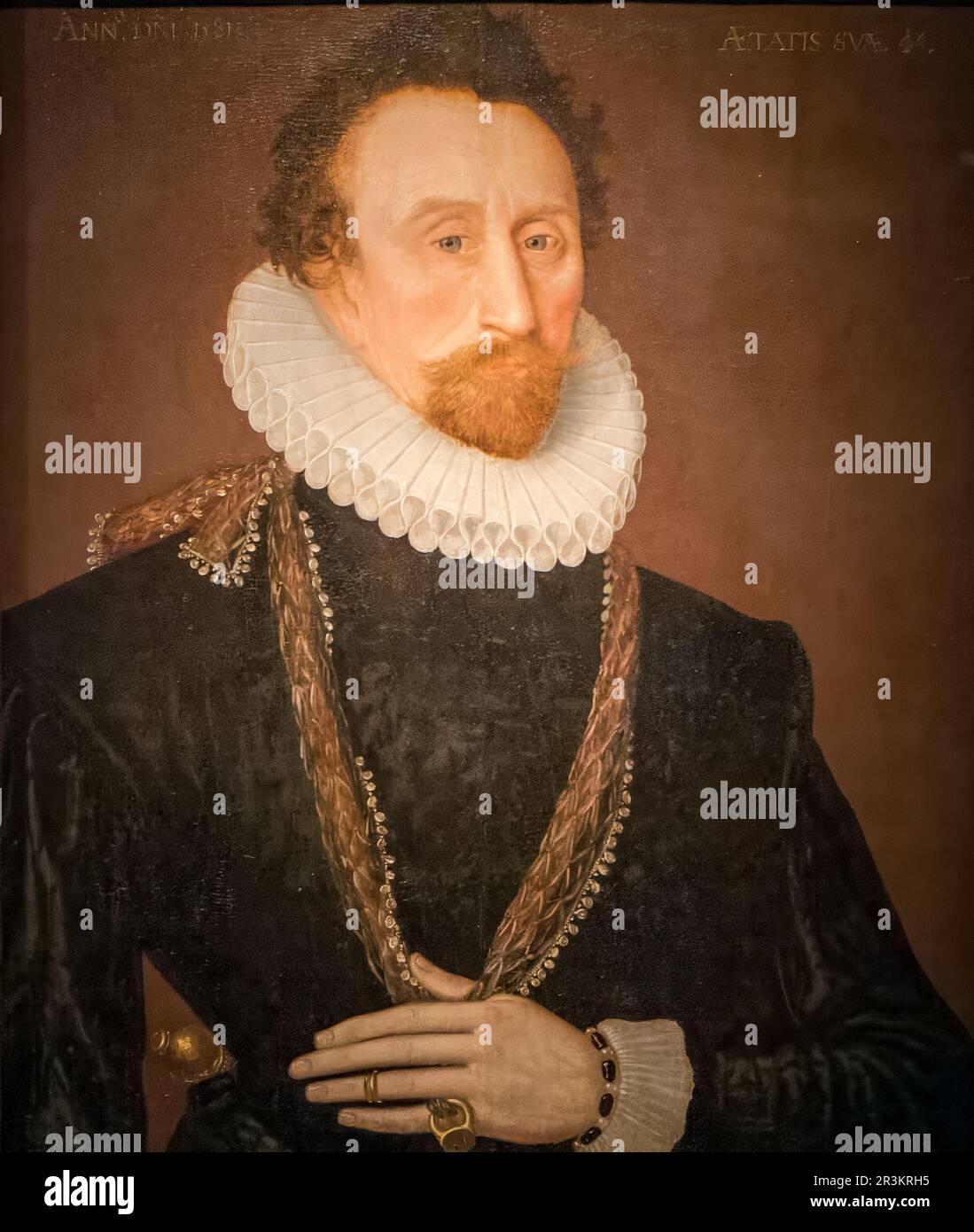 Portrait de Sir John Hawkins, école anglaise, huile sur panneau, 1581 en exposition au National Maritime Museum, Greenwich, Londres, Royaume-Uni. Hawkins (également orthographié Banque D'Images