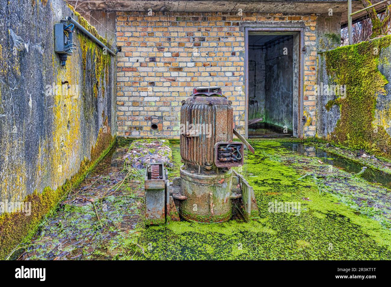 Grand moteur électrique dans un motif représentant une vieille pompe à eau Banque D'Images