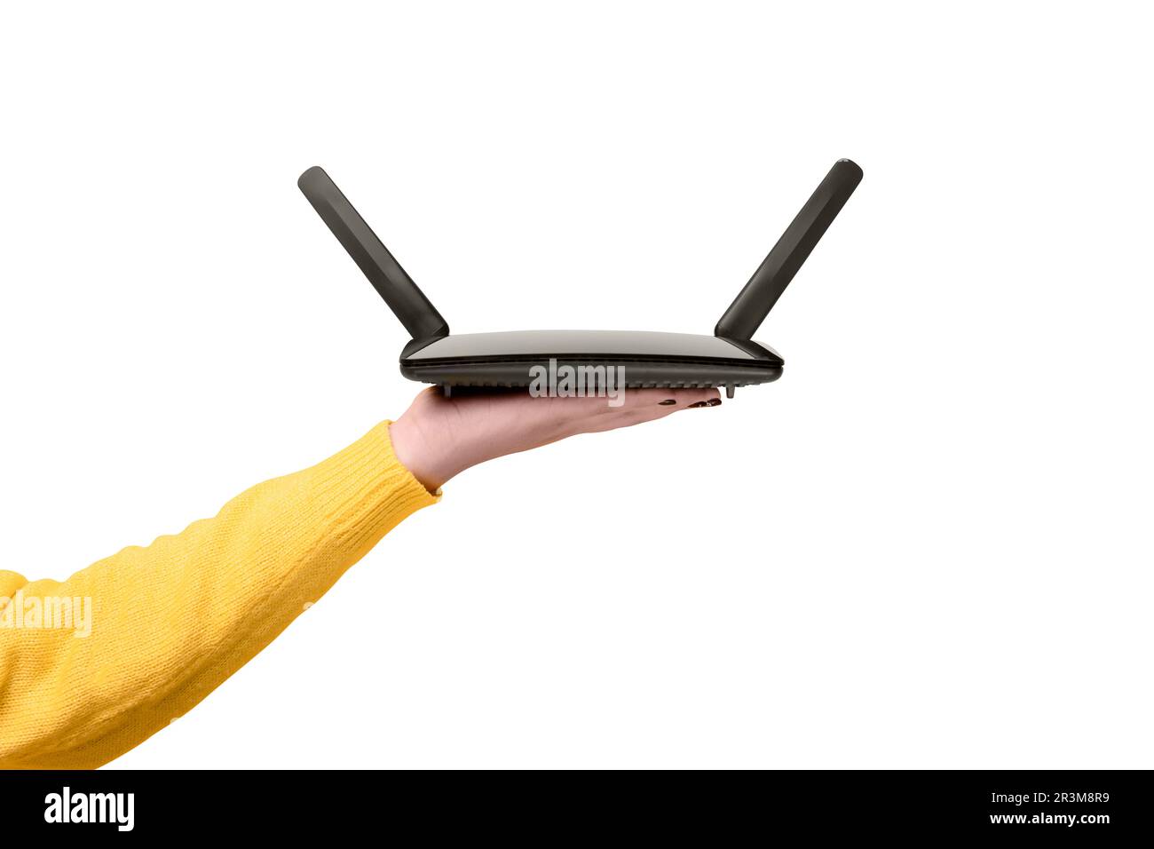 routeur wifi noir sur main femelle isolé sur fond blanc Photo Stock - Alamy