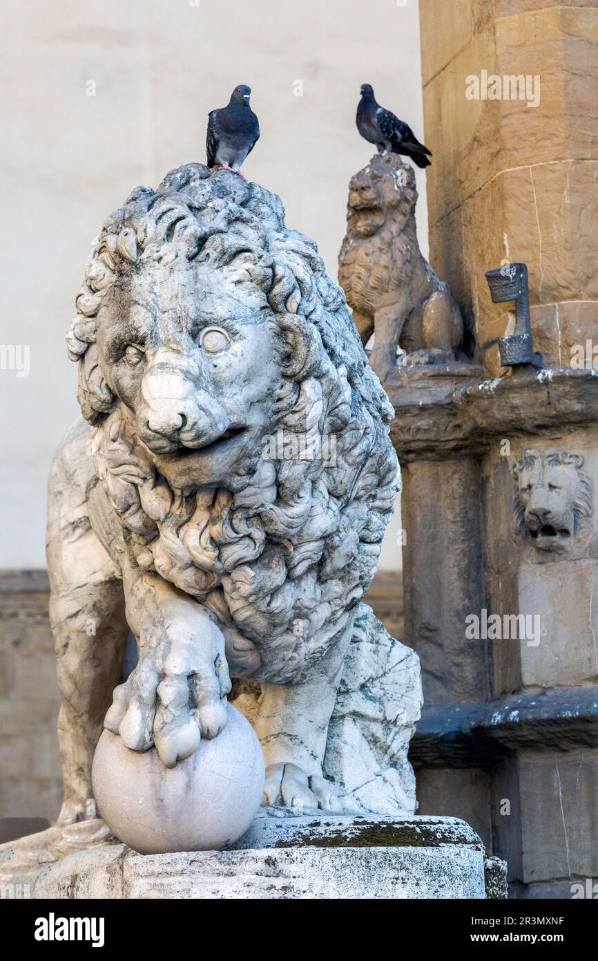 Statue de lion de Florence avec un oiseau sur sa tête, faite par Vacca 1598, à la Loggia dei Lanzi, Italie Banque D'Images