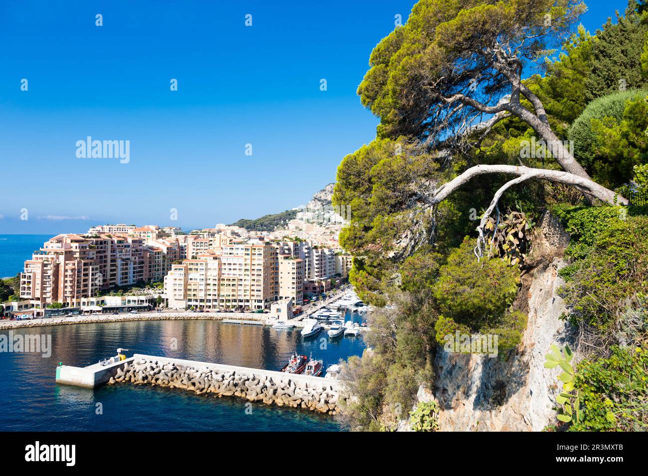 Montecarlo, Monaco - vue panoramique sur le port de Fontvielle avec ciel bleu et mer Banque D'Images