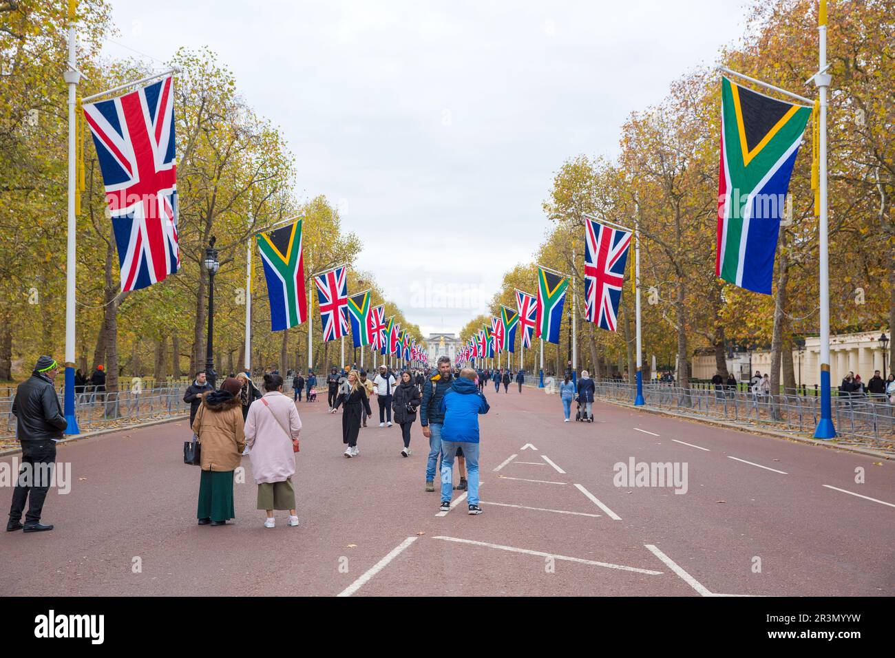 Les drapeaux de l'Union et les drapeaux de l'Afrique du Sud sont visibles dans le centre de Londres avant la visite d'État du Président de l'Afrique du Sud. Banque D'Images