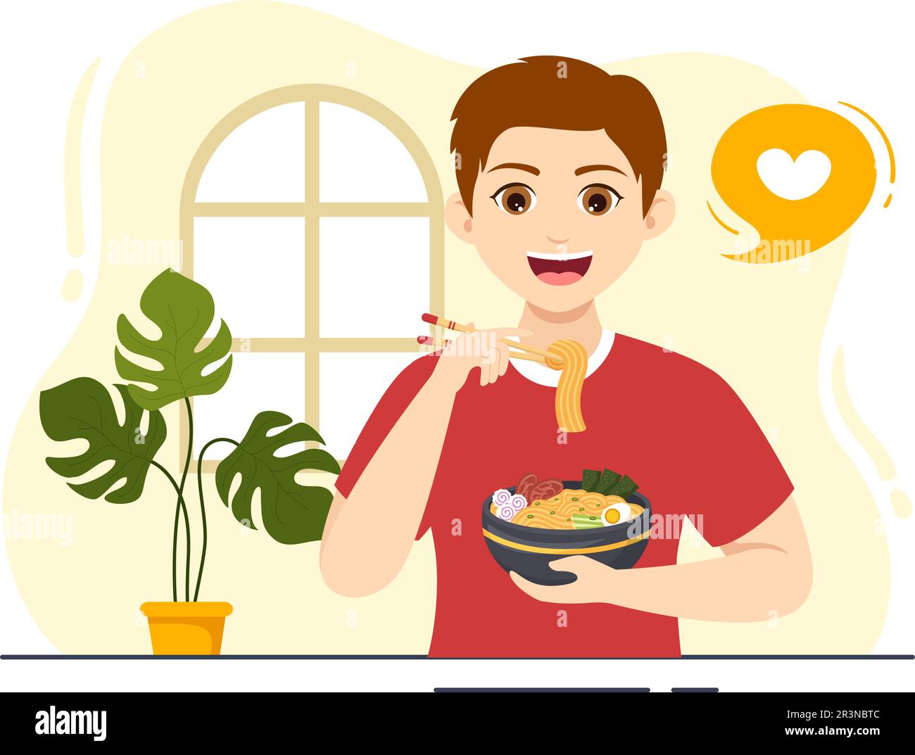 Schéma de ramen Illustration de la nourriture japonaise avec Noodle, Chopsticks, soupe miso, Nori bouillie aux œufs et grillé dans des modèles dessinés à la main Illustration de Vecteur