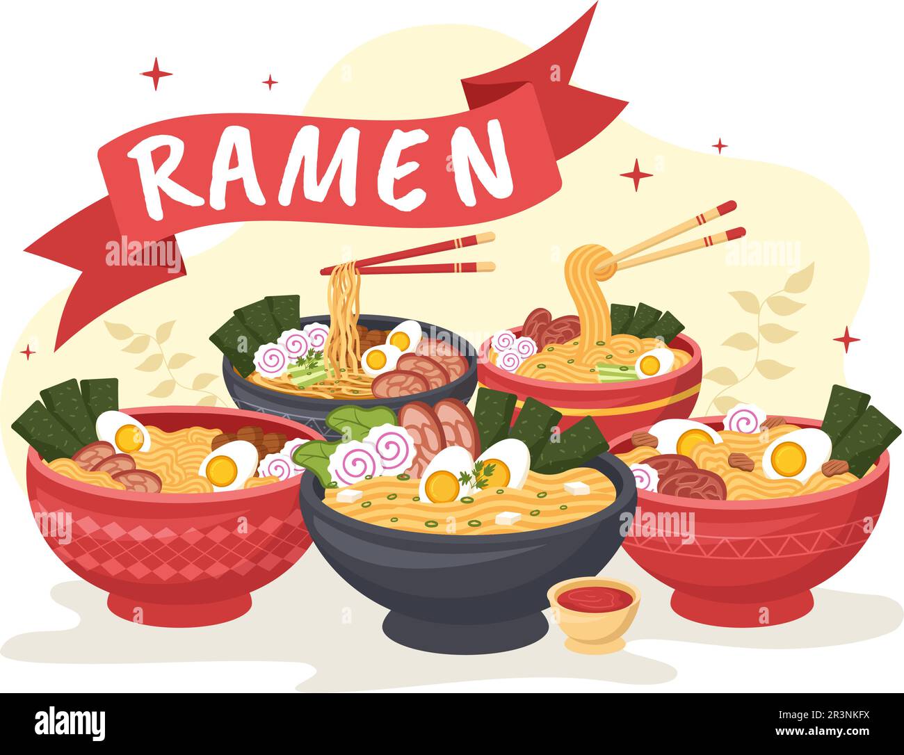 Schéma de ramen Illustration de la nourriture japonaise avec Noodle, Chopsticks, soupe miso, Nori bouillie aux œufs et grillé dans des modèles dessinés à la main Illustration de Vecteur