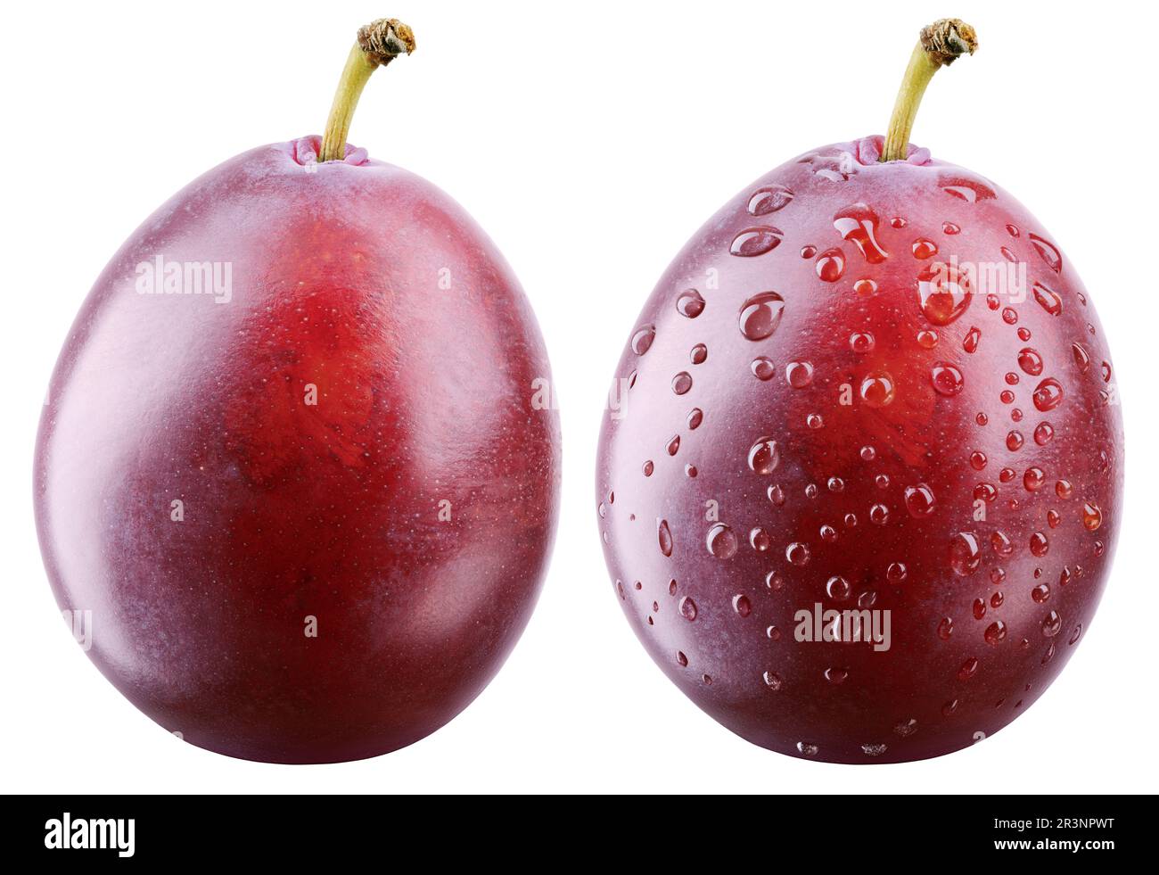 Prune rouge avec gouttes et sans isolation sur fond blanc avec masque. Profondeur de champ complète. Banque D'Images
