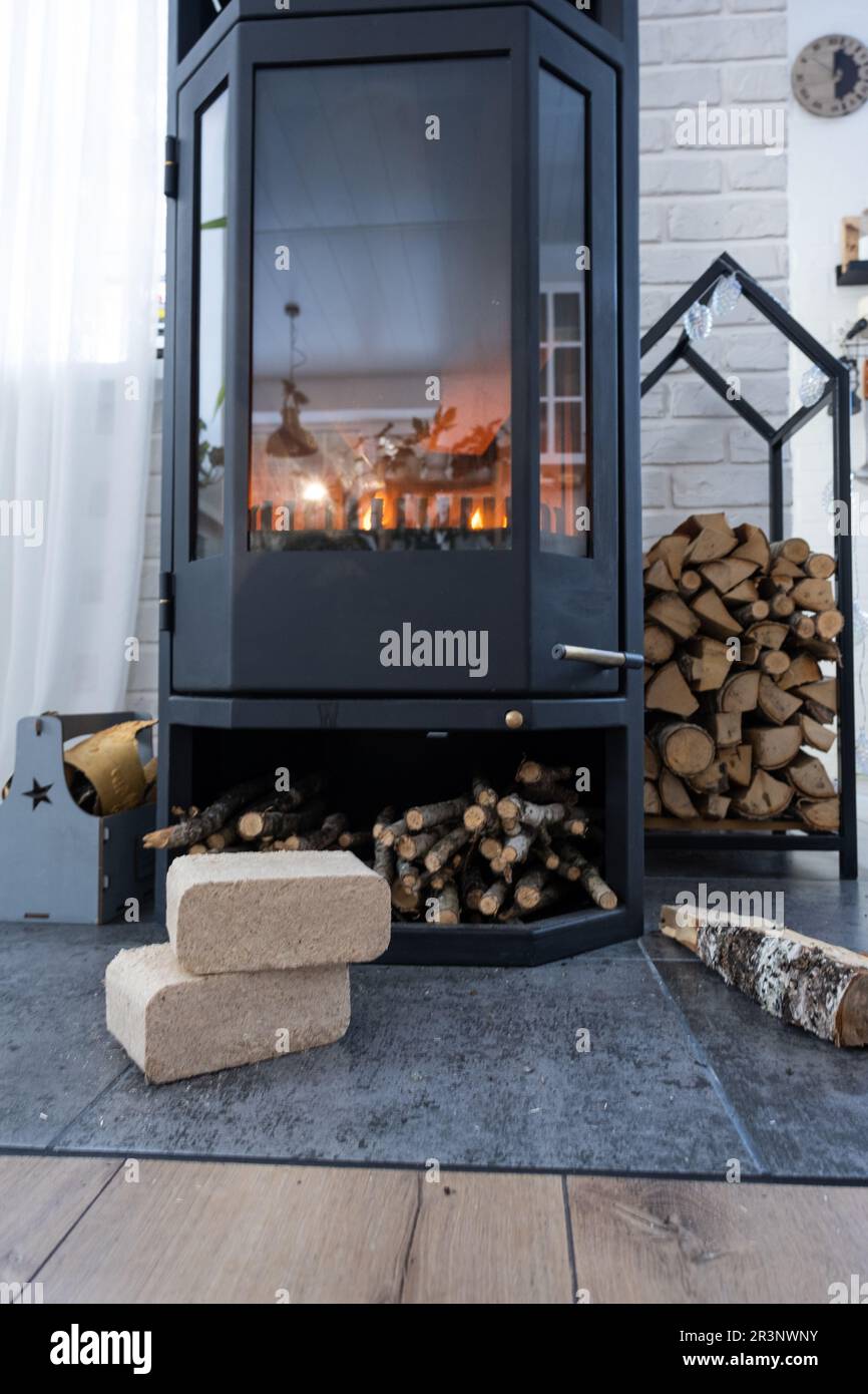 Briquettes de combustible faites de sciure pressée pour l'allumage du four - alternative économique de combustible écologique pour la cheminée dans Banque D'Images