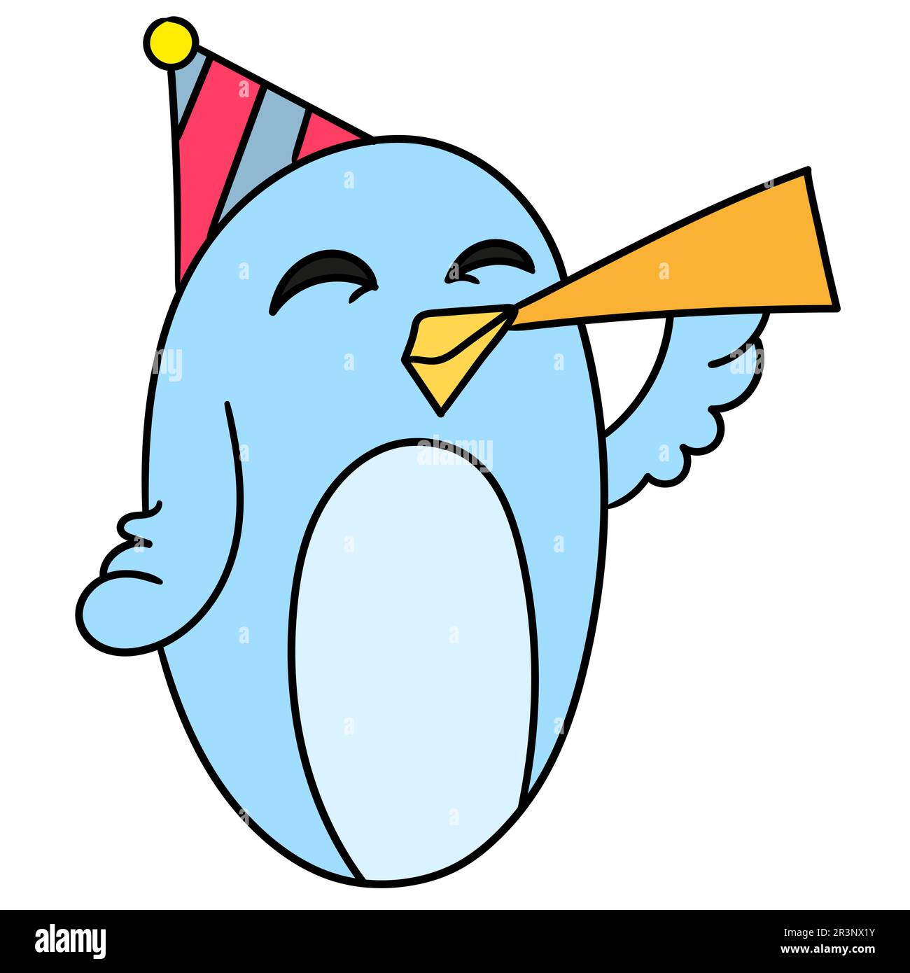Anniversaire oiseau bleu soufflant trompette. icône doodle Banque D'Images