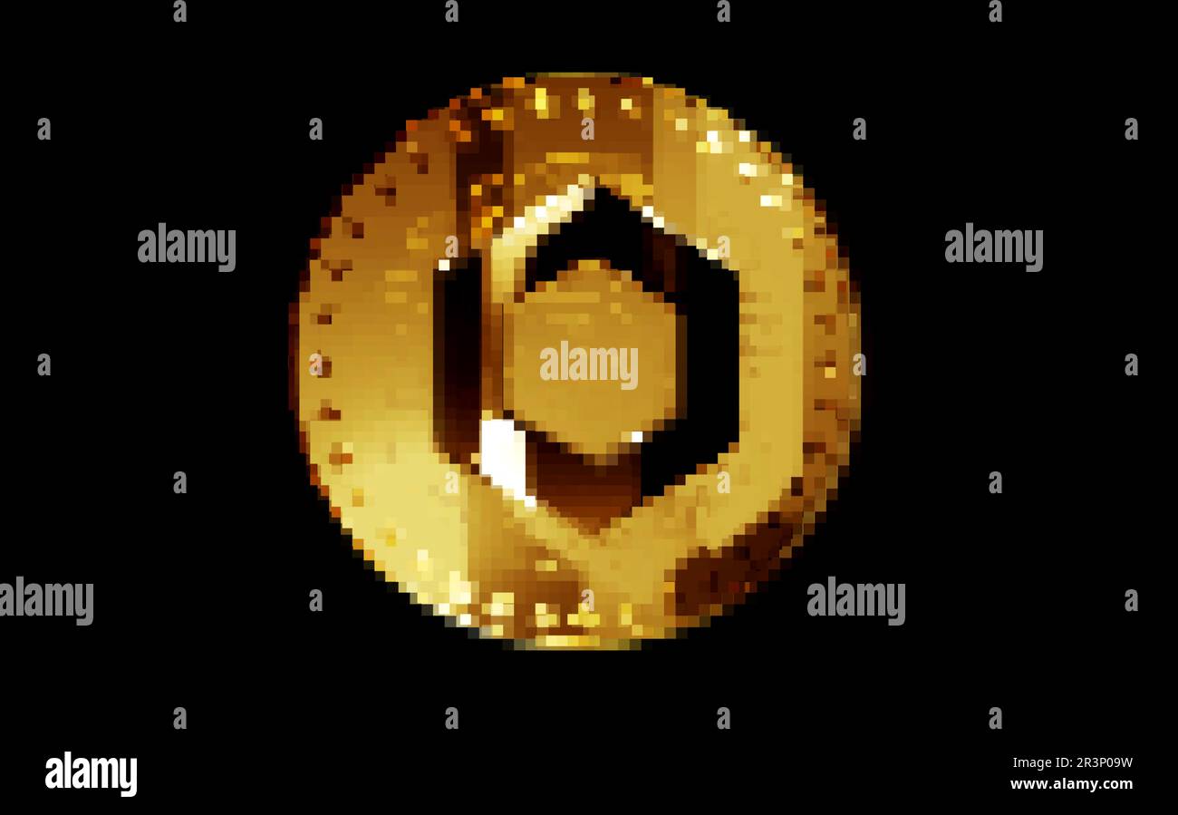 Chaînage LIEN crypto-monnaie or pièce en mosaïque de pixels rétro 80s style. Illustration du concept abstrait de métal doré rotatif 3D. Banque D'Images