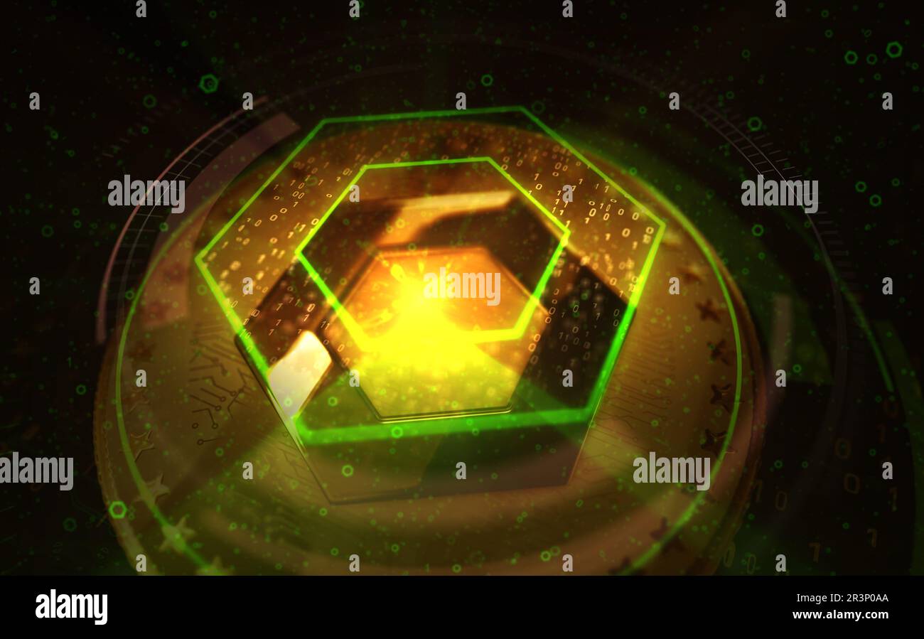 Chaînage LIEN crypto-monnaie pièce d'or sur fond d'écran vert. Résumé concept 3D illustration. Banque D'Images