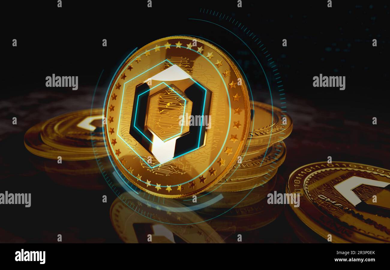 Chaînage LIEN crypto-monnaie pièce d'or sur fond d'écran vert. Résumé concept 3D illustration. Banque D'Images