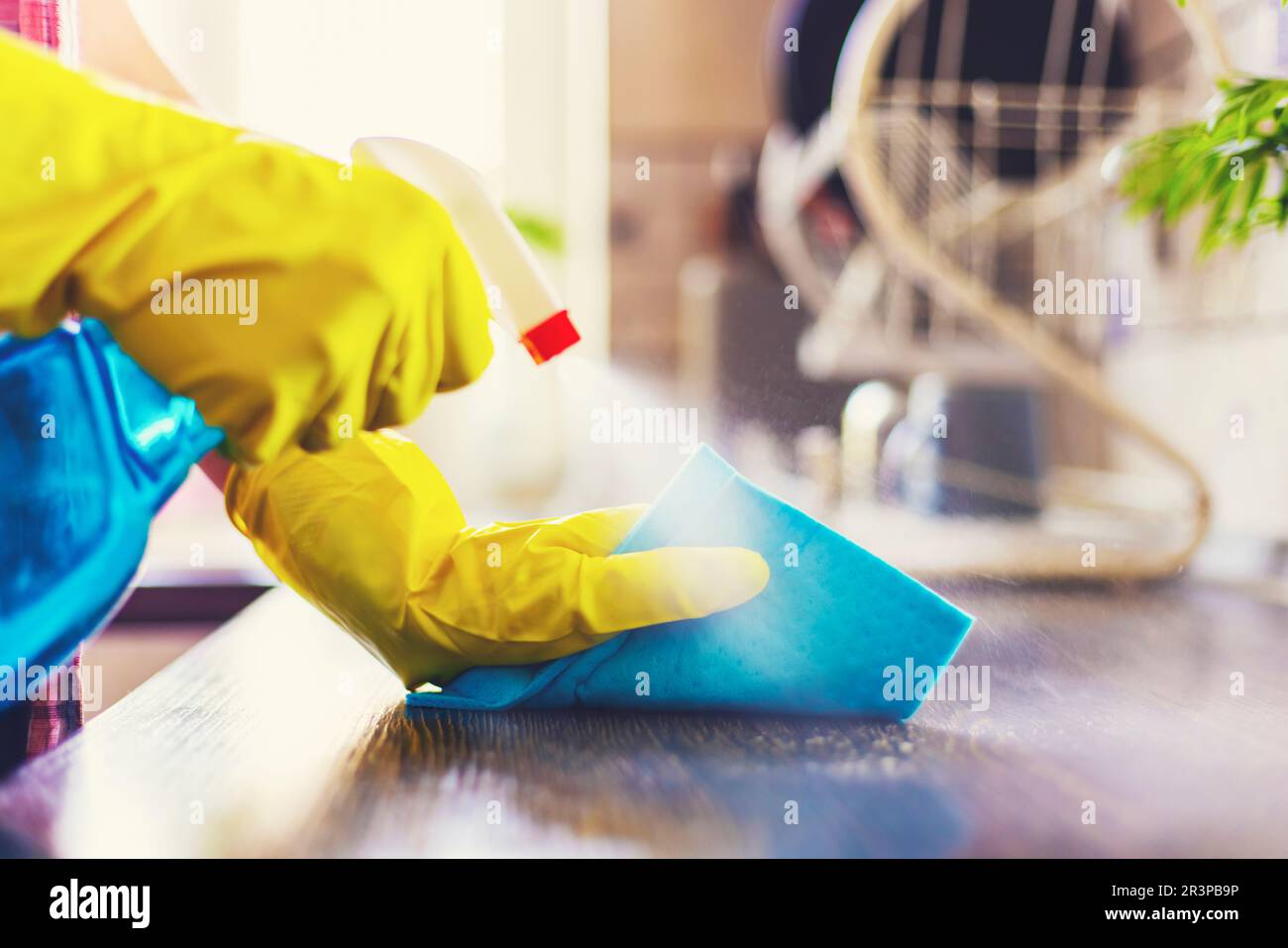 Femme au foyer avec des gants jaunes, essuyer la poussière à l'aide d'un  détergent en aérosol et d'un chiffon Photo Stock - Alamy