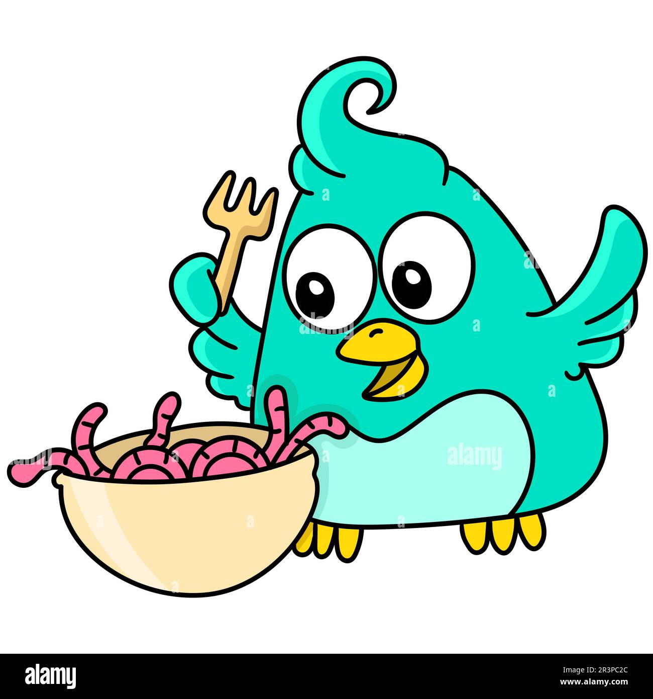 Un oiseau avec un visage heureux prêt à manger un ver délicieux, doodle kawaii. icône doodle Banque D'Images Un oiseau avec un visage heureux prêt à manger un ver délicieux, doodle kawaii. icône doodle Banque D'Images