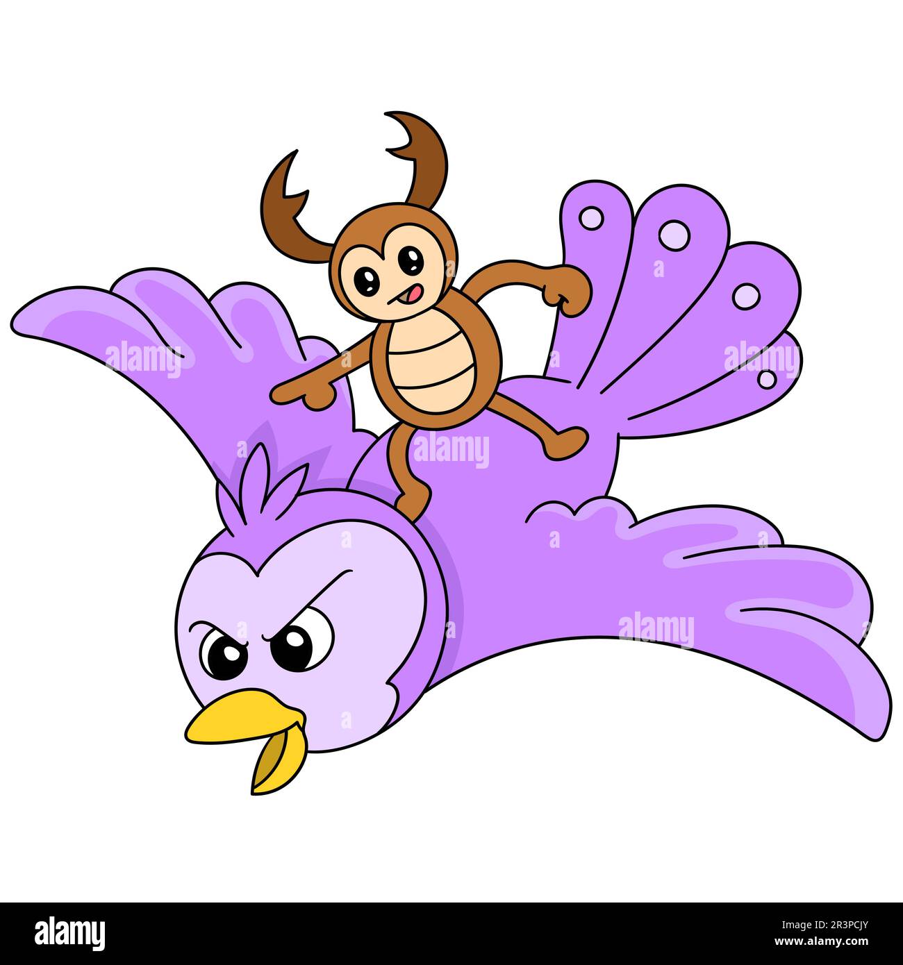 Le coléoptère de la bande dessinée est à cheval sur un hibou volant, un koodle kawaii. icône doodle Banque D'Images