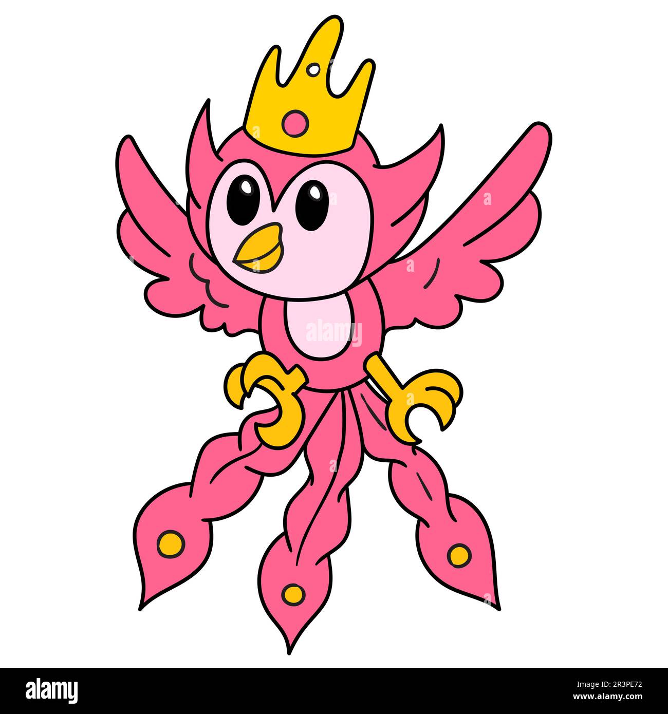 Dessin animé oiseau légende feu phoenix avec couronne dorée Doodle kawaii. icône doodle Banque D'Images