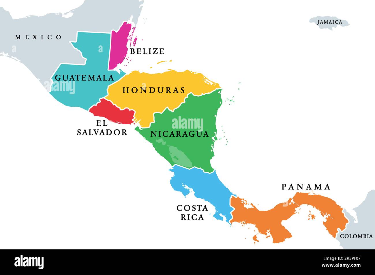 Pays d'Amérique centrale, carte politique colorée. Sous-région des Amériques, entre le Mexique et la Colombie. Banque D'Images